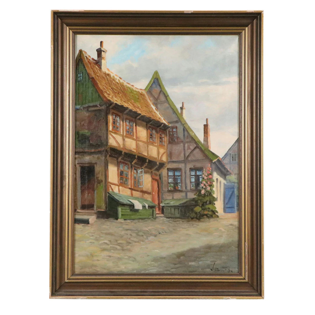 Norwegian School Oil Painting of Village Street View, Circa Mid-20th Century