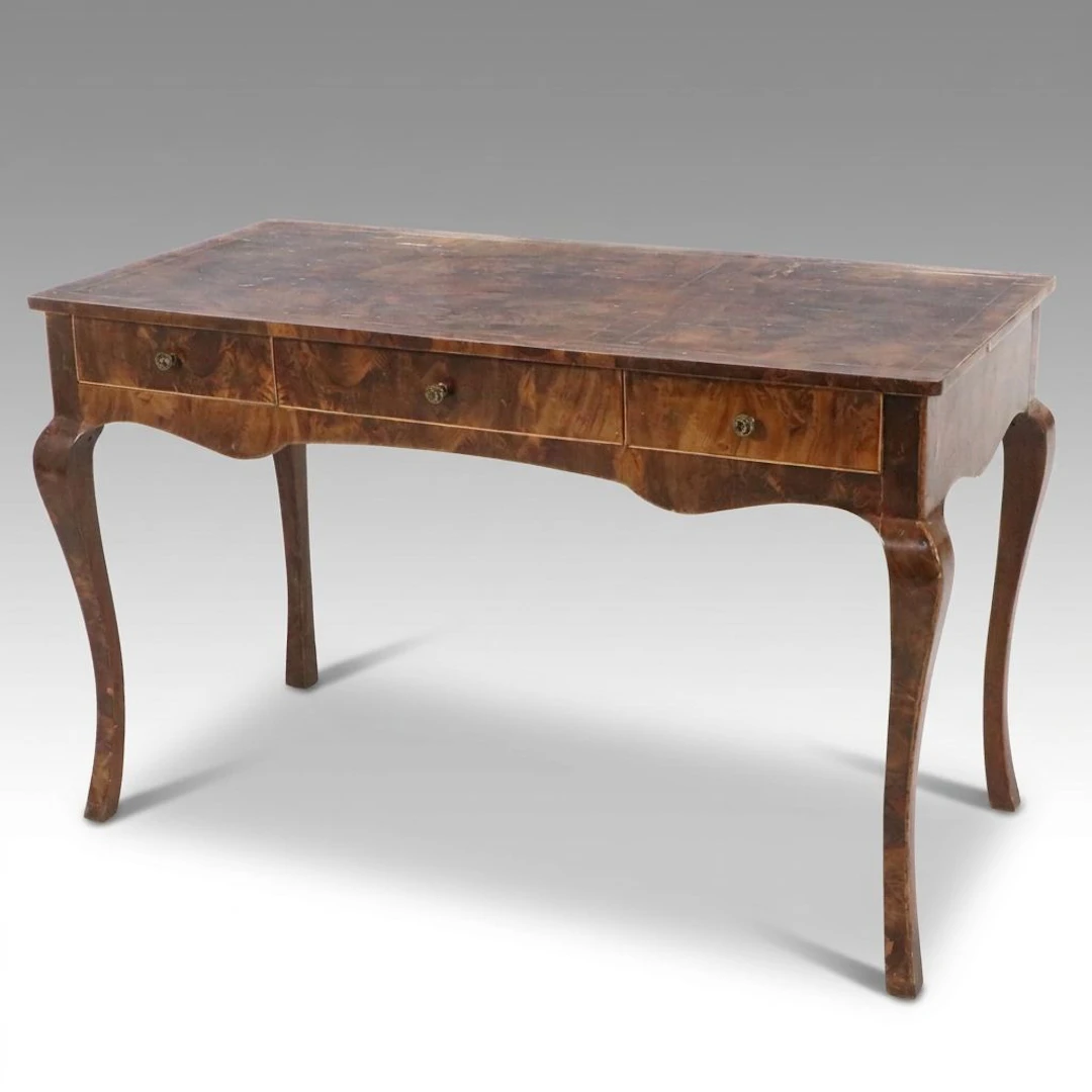 Louis XV Style Burl Walnut Three-Drawer Bureau Plat, Late 20th Century