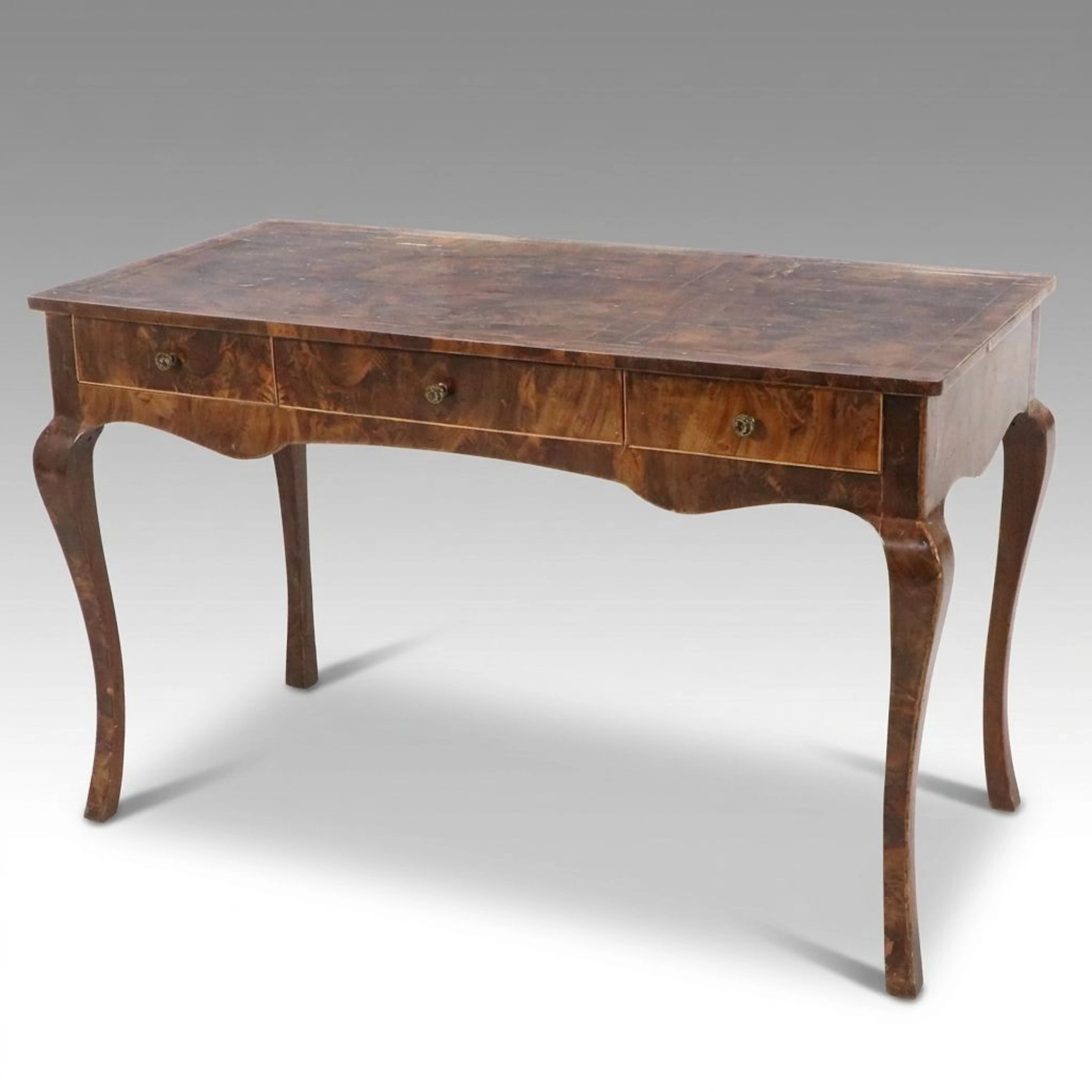 Louis XV Style Burl Walnut Three-Drawer Bureau Plat, Late 20th Century