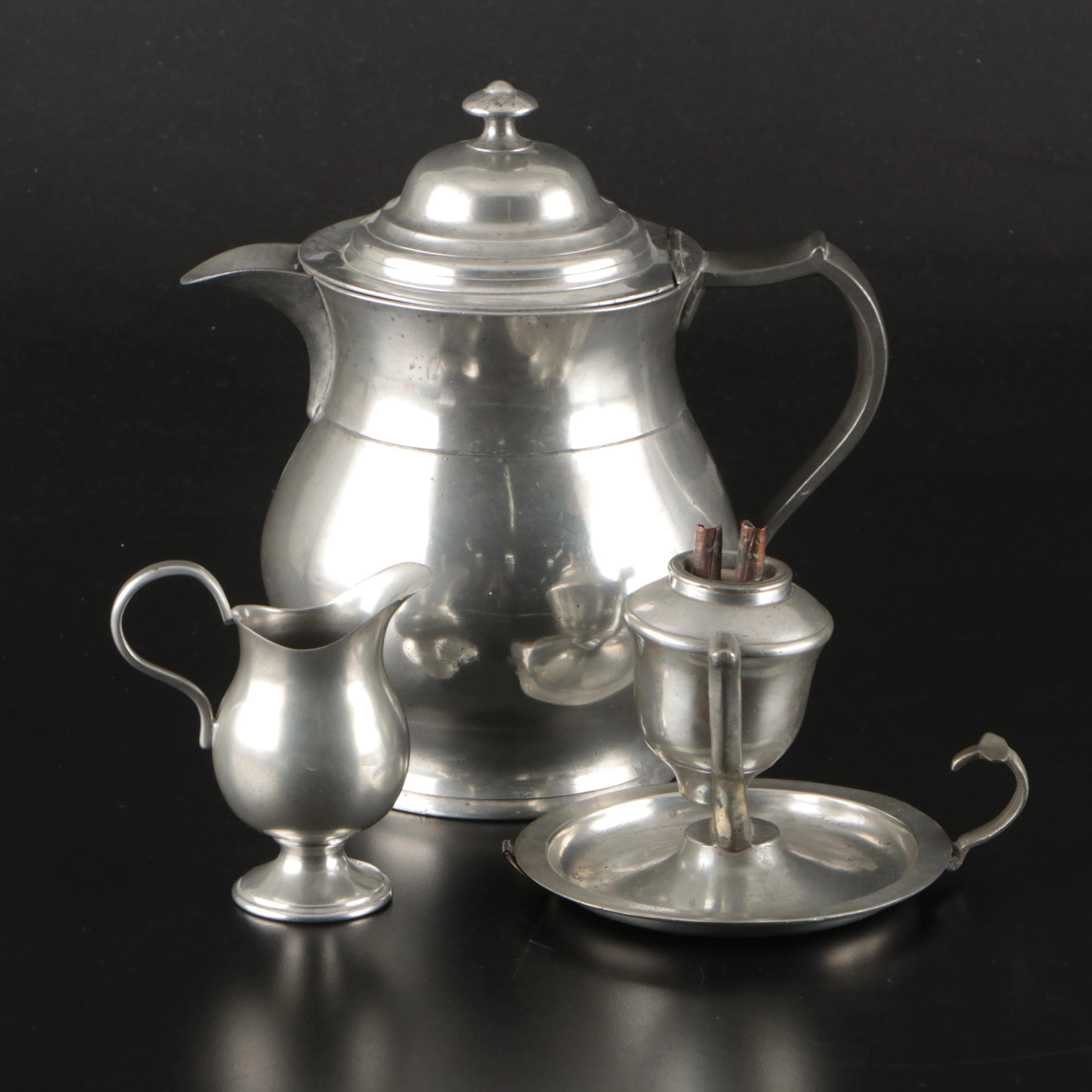 Boardman & Hart Pewter Pitcher with Swinging Whale Oil Lamp and Creamer