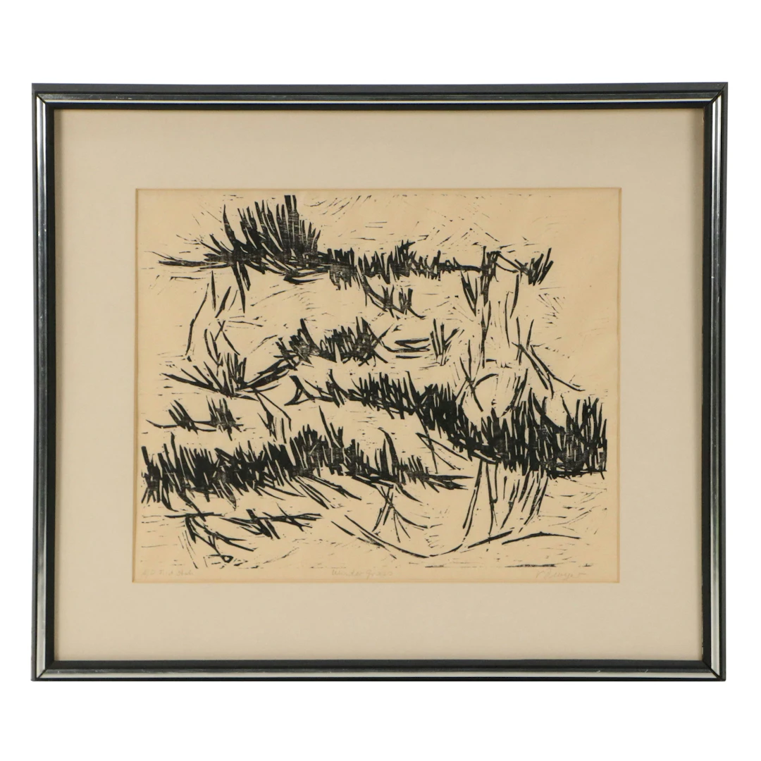 Vicky Dwyer Woodcut Print "Winter Grass," Late 20th Century
