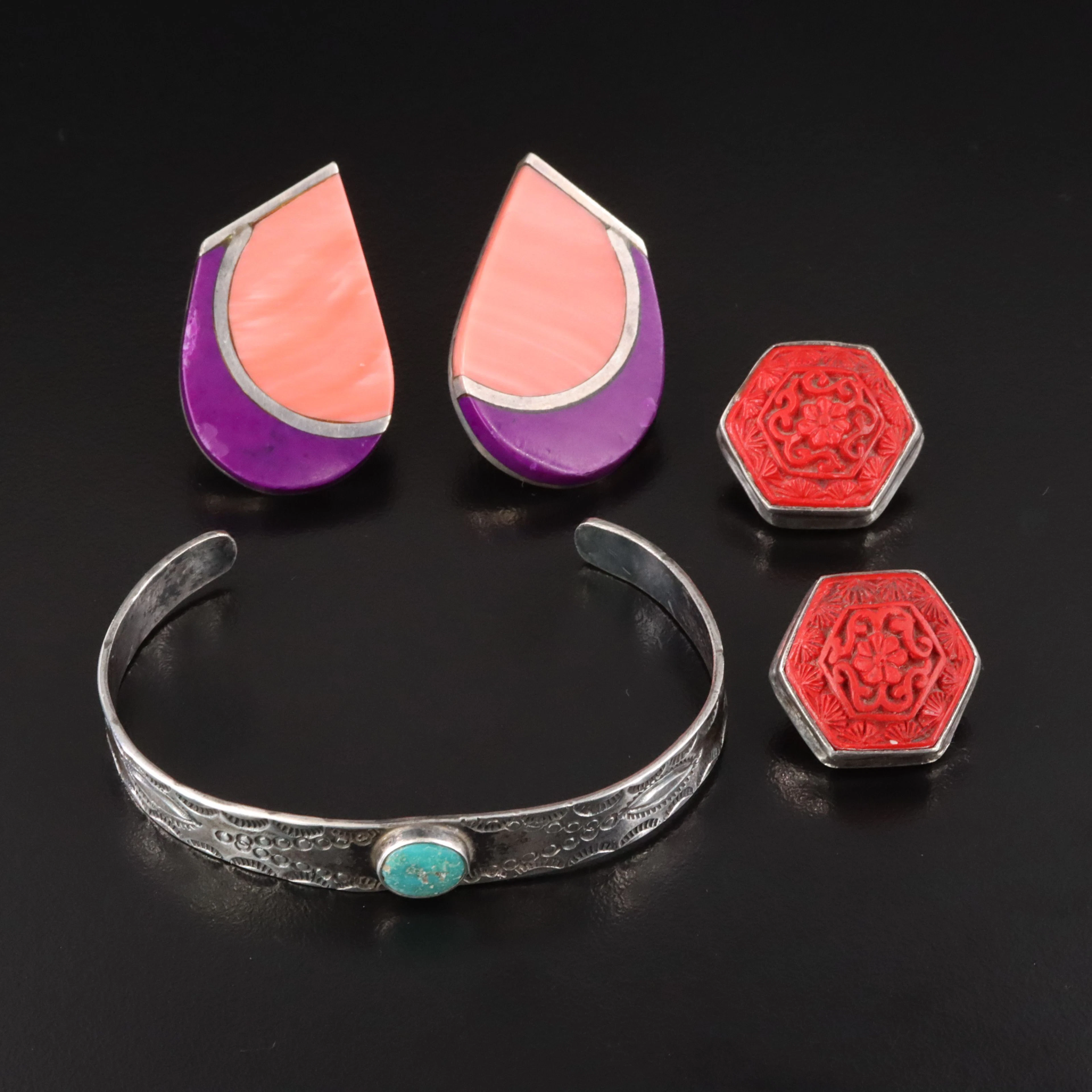 Sterling Earrings and Cuff Featuring Cinnabar, Turquoise and Coral