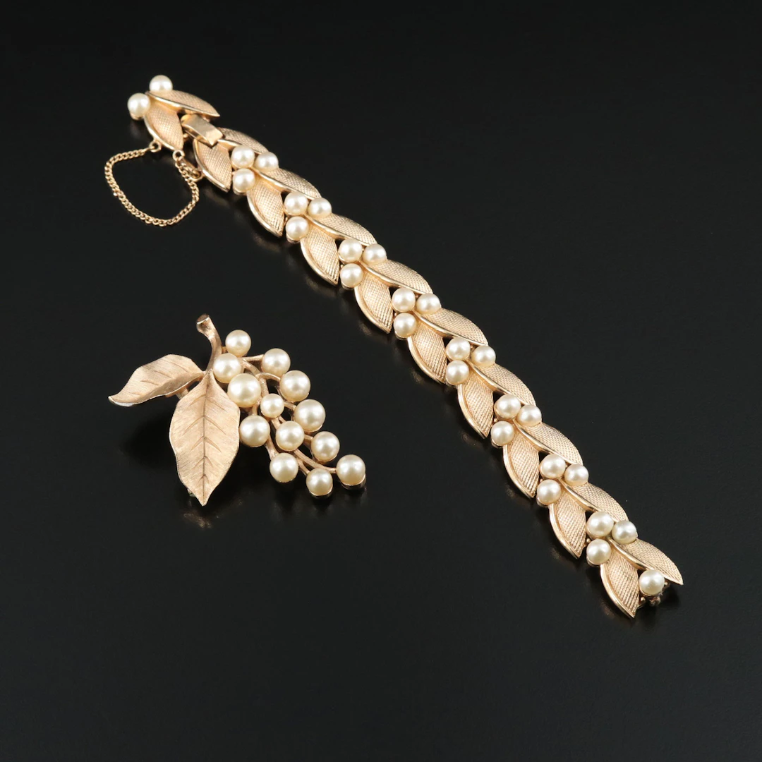 Crown Trifari Faux Pearl Brooch and Bracelet