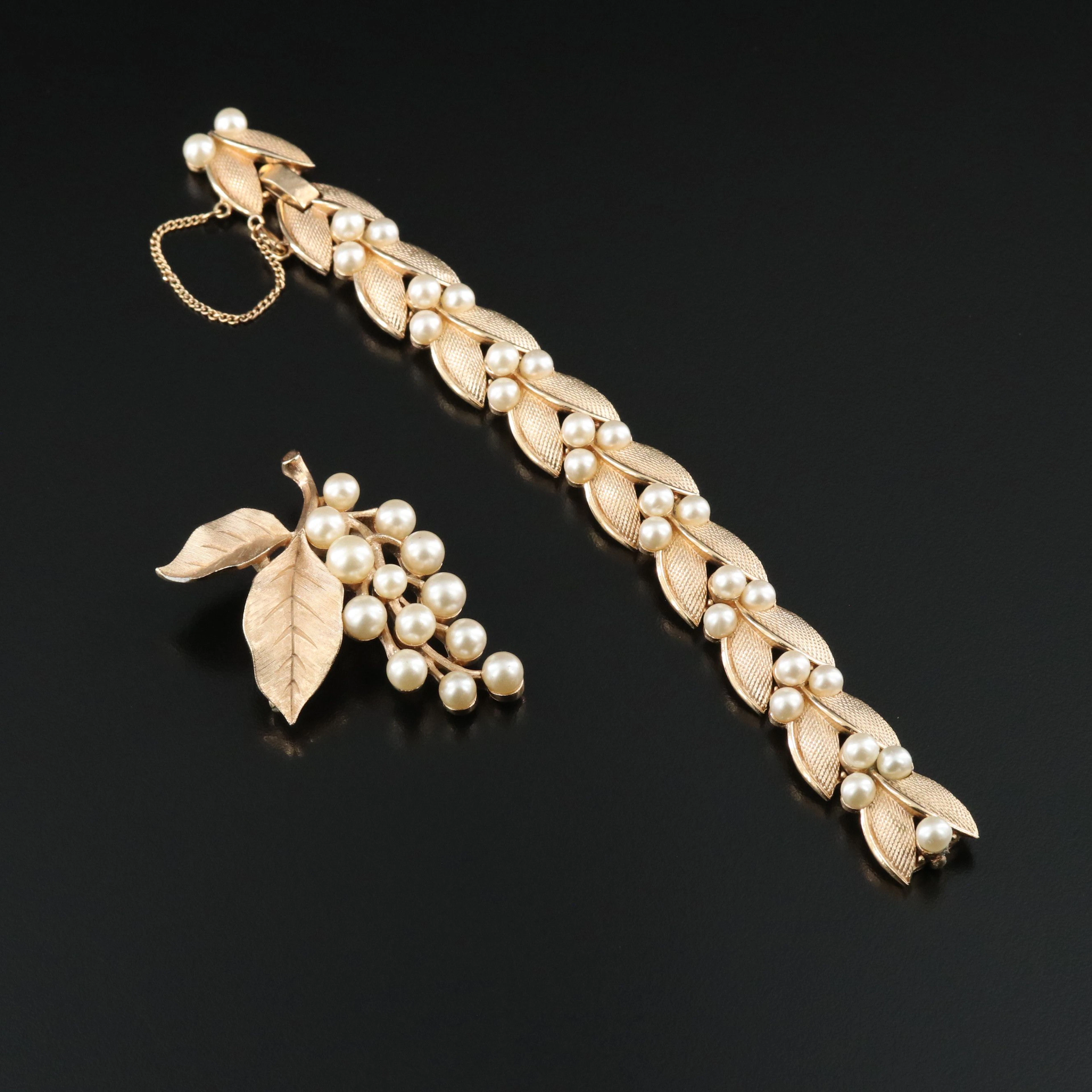 Crown Trifari Faux Pearl Brooch and Bracelet