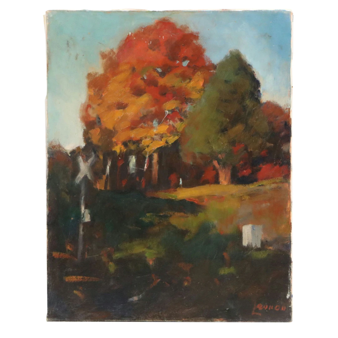 Bernard Lennon Landscape Oil Painting "Railroad Crossing Autumn"