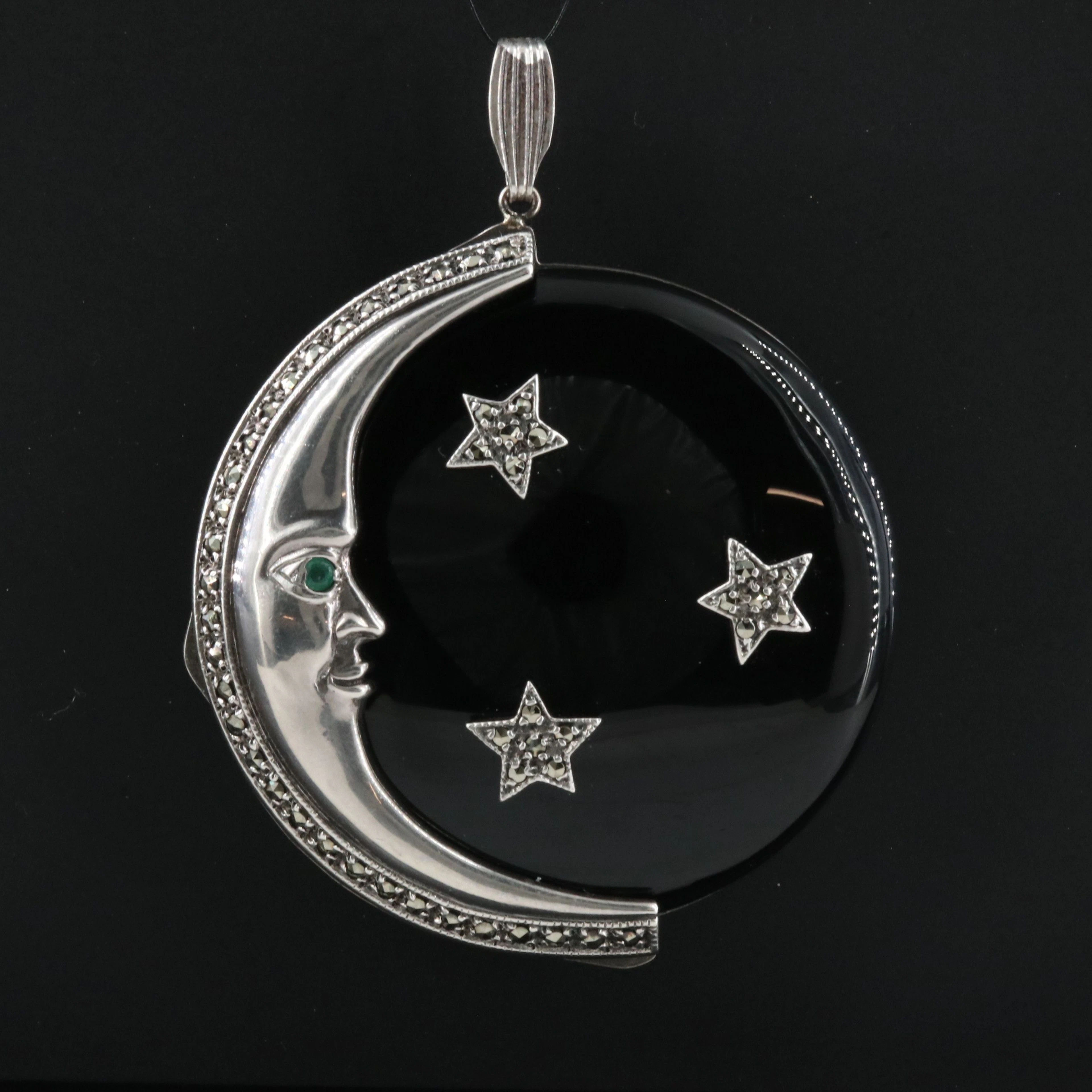 Sterling Black Onyx, Emerald and Marcasite Brooch/Pendant