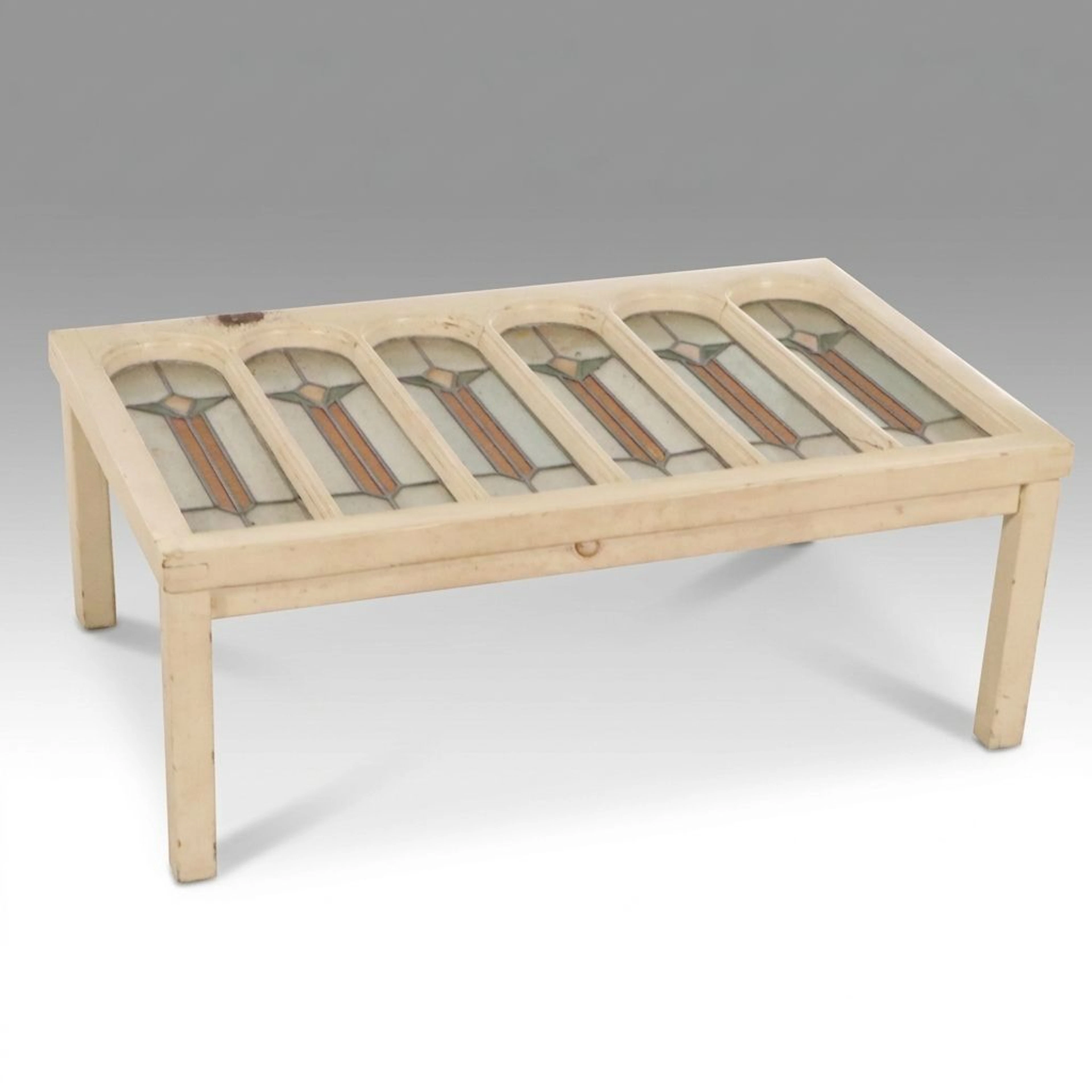 Arts & Crafts Style Painted Wood and Stained Glass Coffee Table