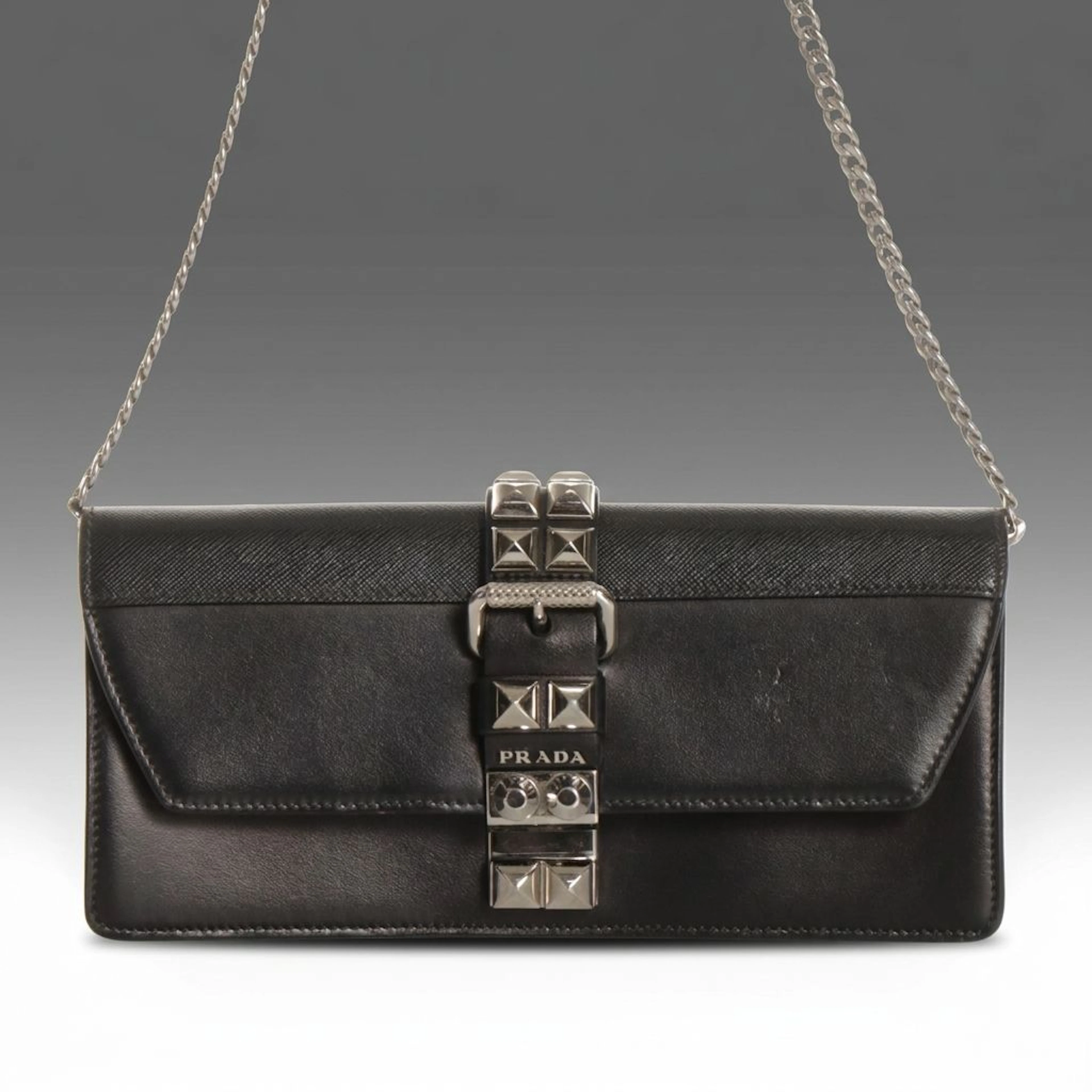 Prada Elektra Studded Crossbody Clutch in Black Saffiano & Calfskin Leather