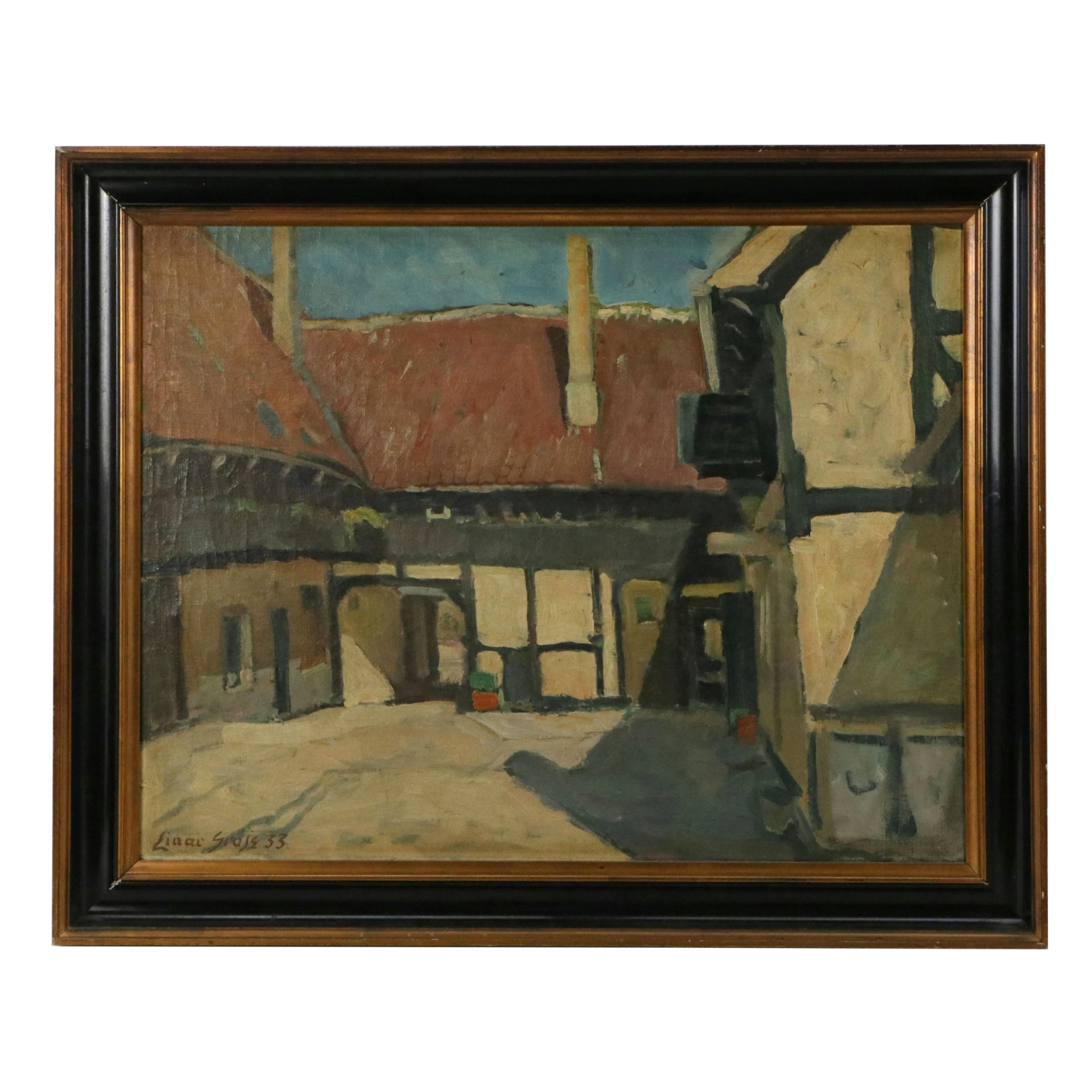 Einer Gross Stylized Oil Painting of Courtyard, 1933
