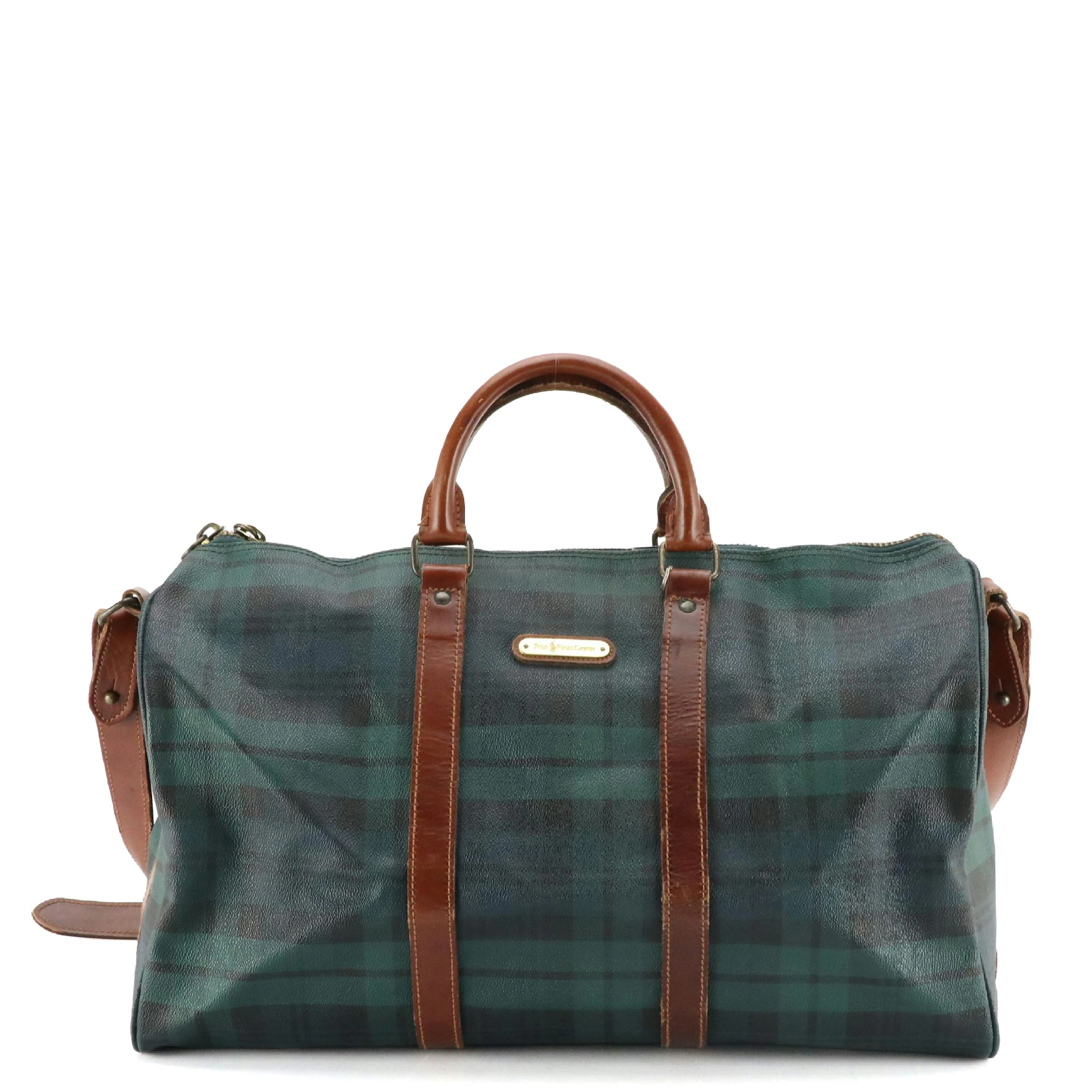 Polo Ralph Lauren Black Watch Plaid Coated Canvas Duffel Bag with Leather Trim