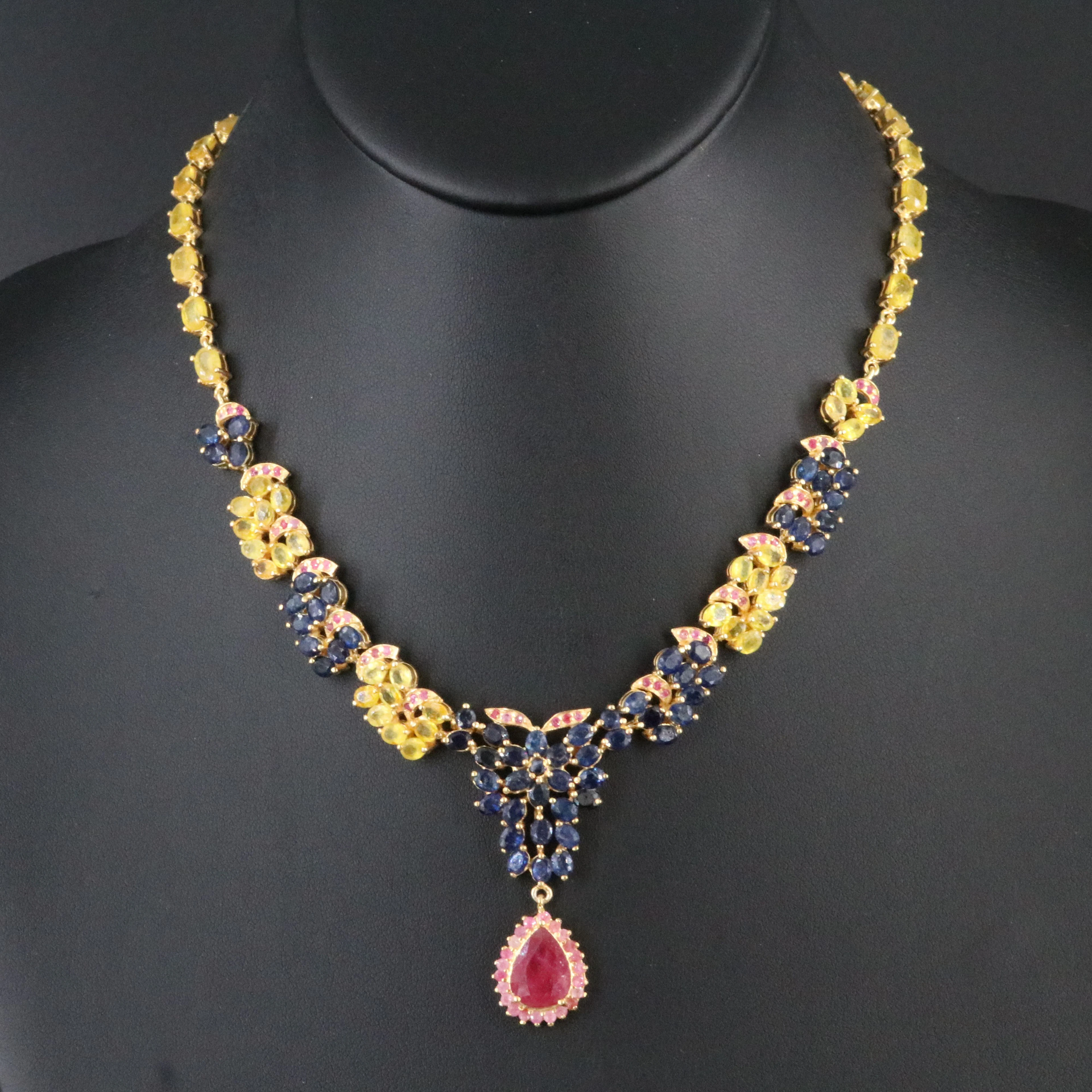 Sterling Necklace with Filled Corundum, Sapphire and Ruby