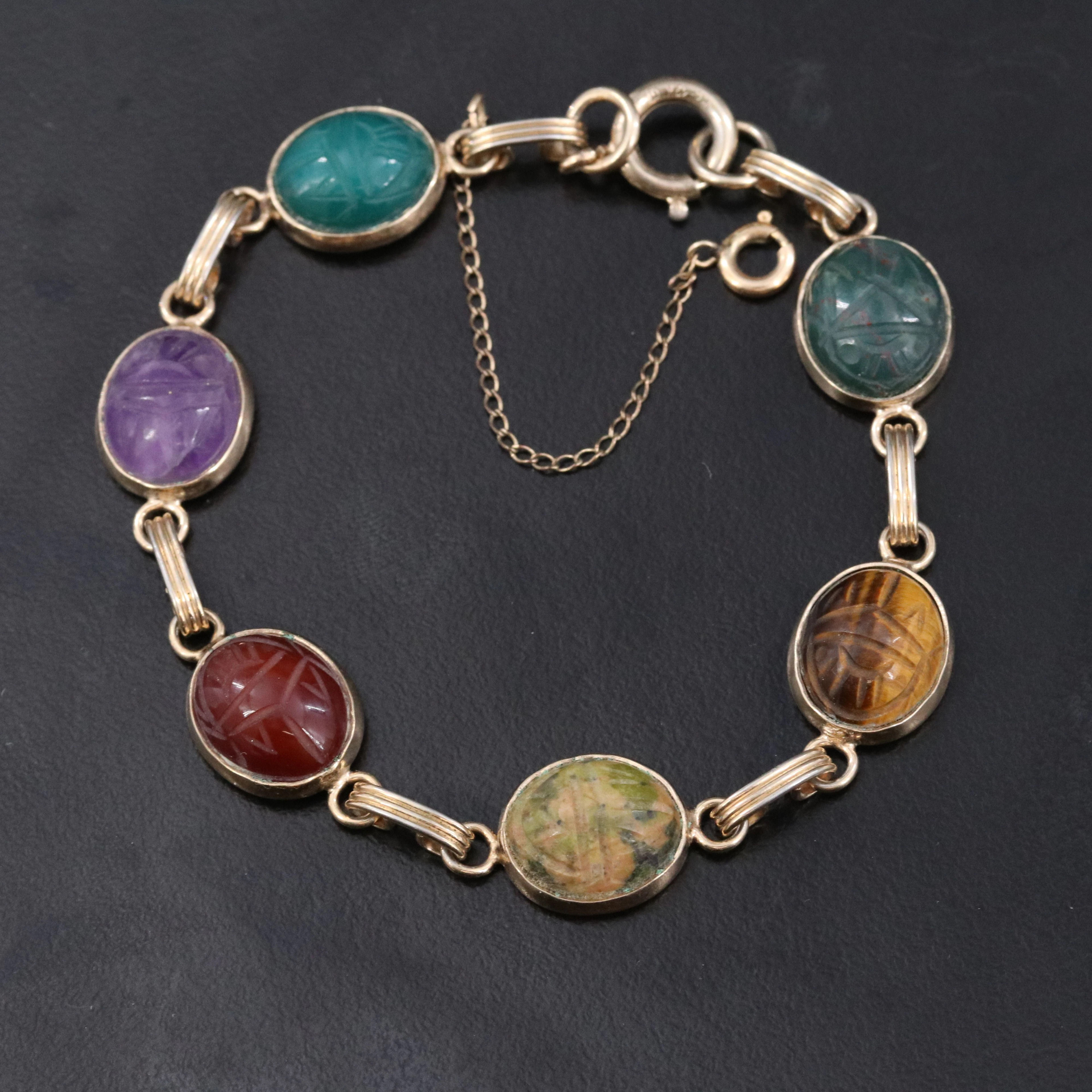 Carved Scarab Bracelet Featuring Unakite, Tiger's Eye and Amethyst