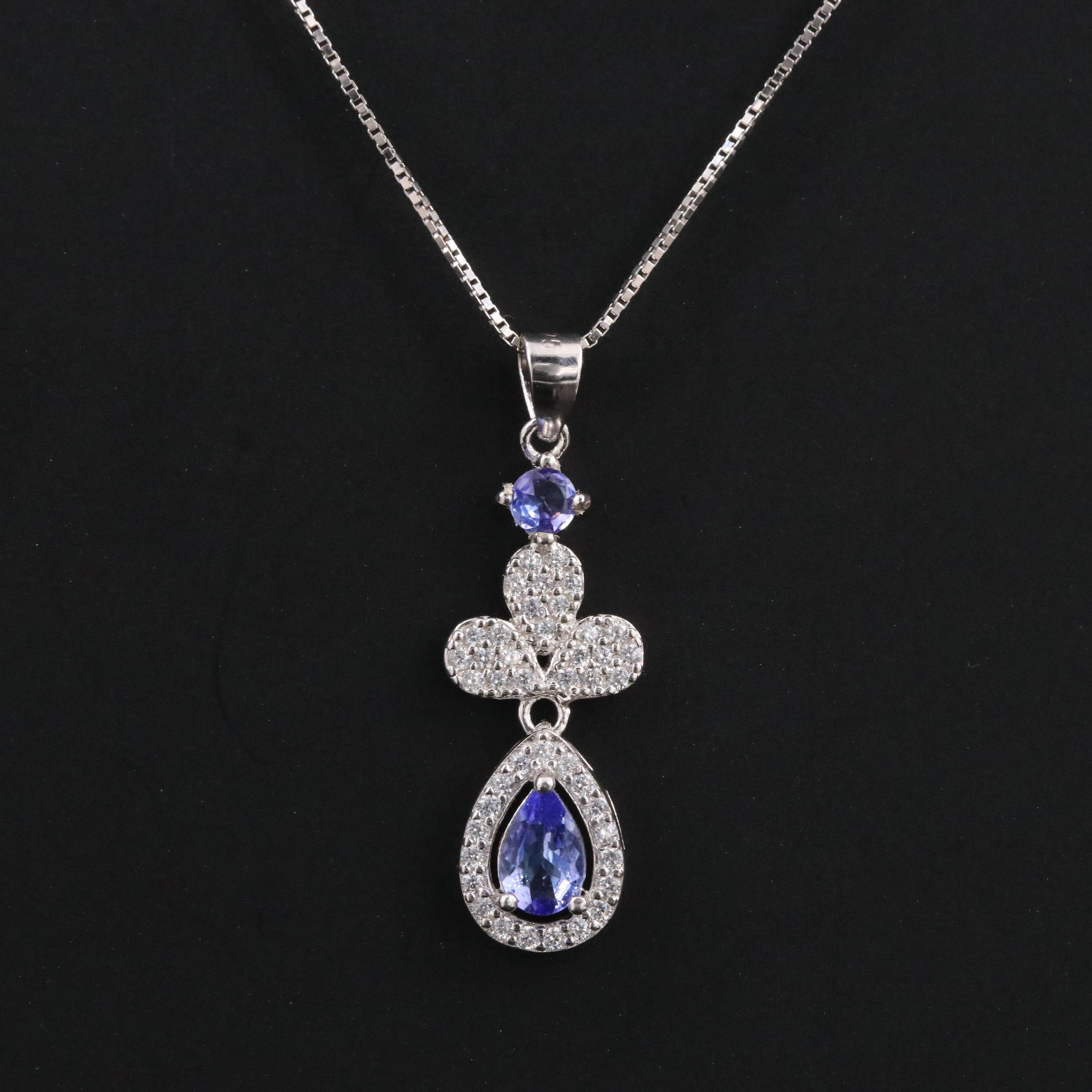 Sterling Tanzanite and CZ Floral Pendant Necklace