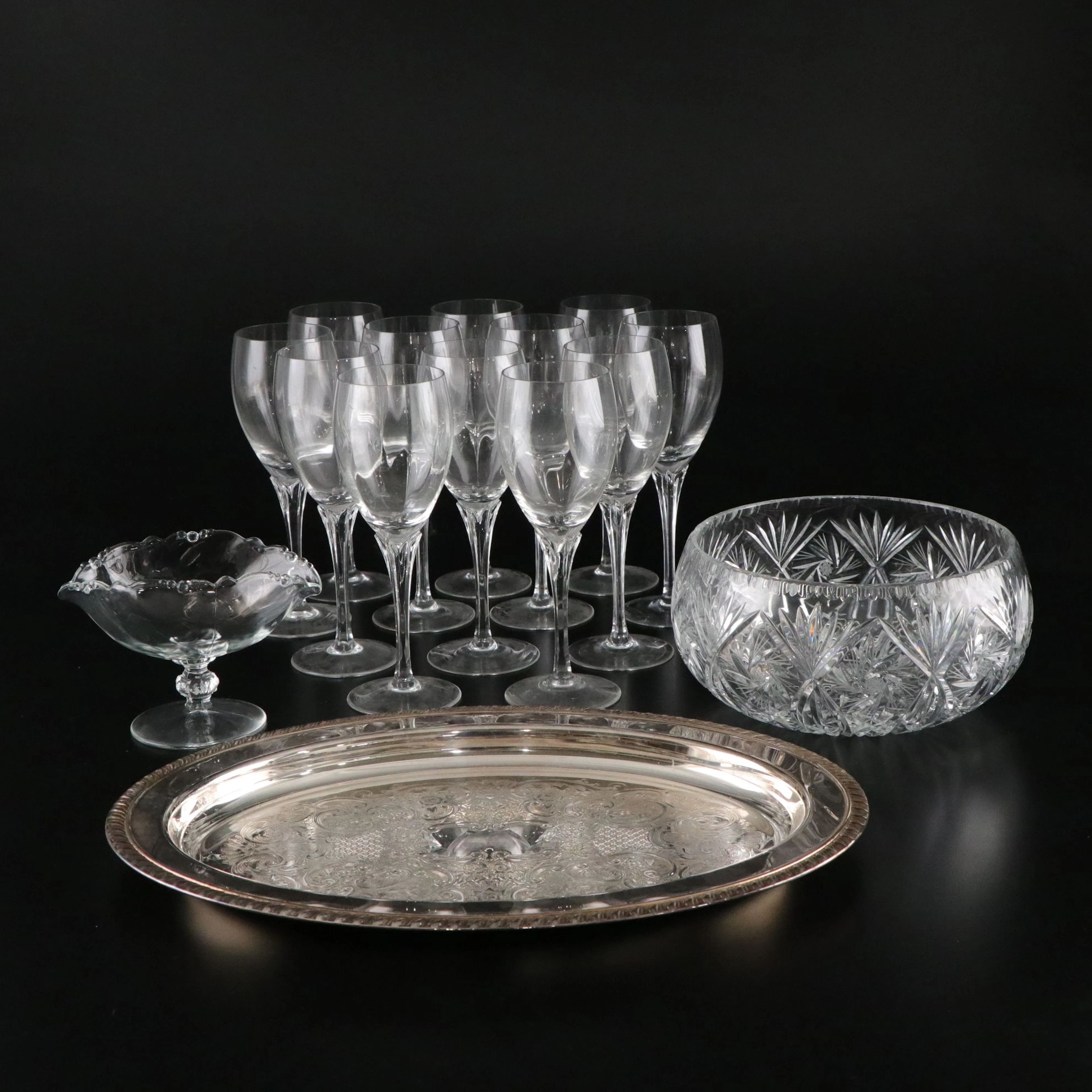 Crystal Berry Bowl, Glass Wine Glasses & Candy Dish, with Silver Plated Platter