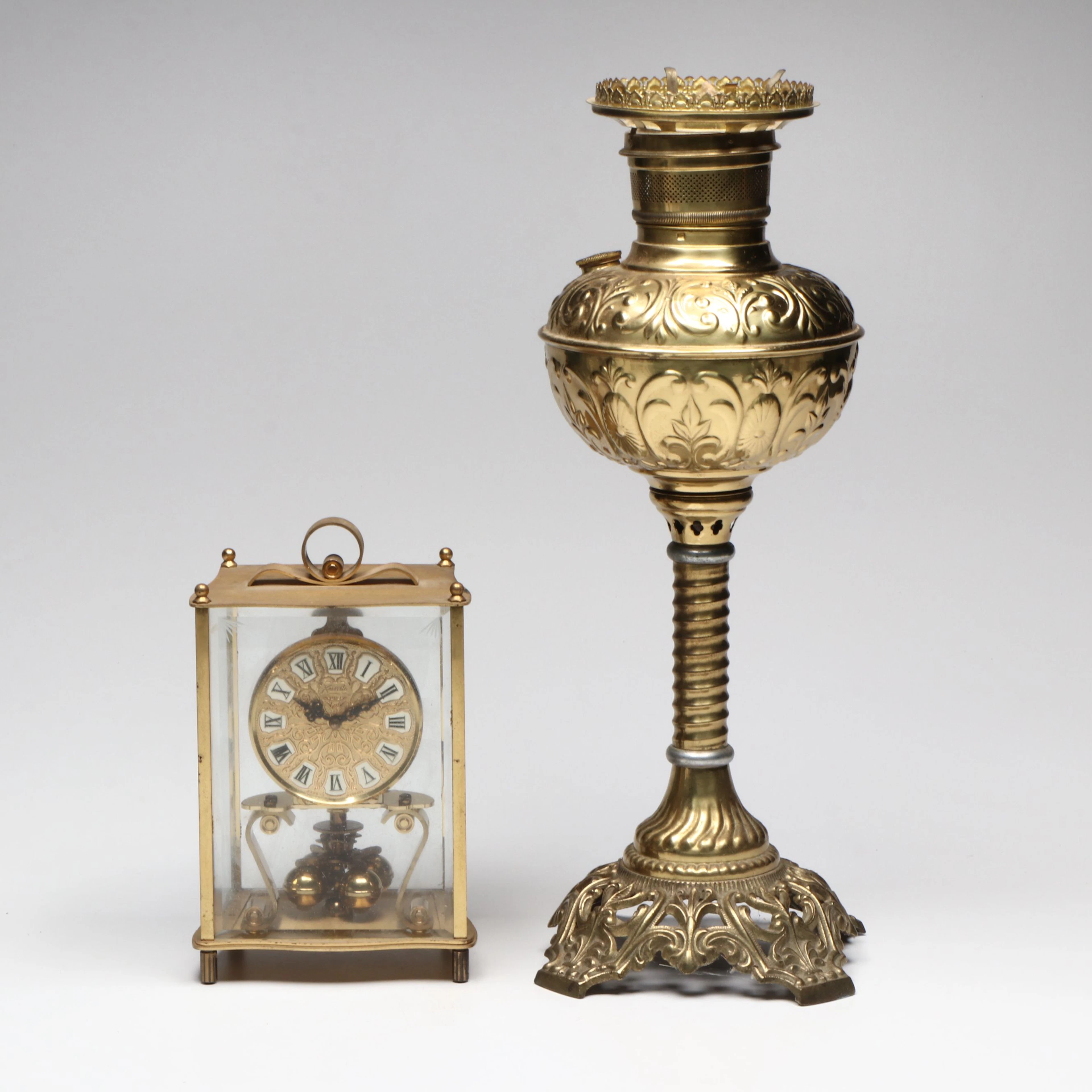 Kieninger & Obergfell Brass Anniversary Clock, Brass Embossed Banquet Oil Lamp