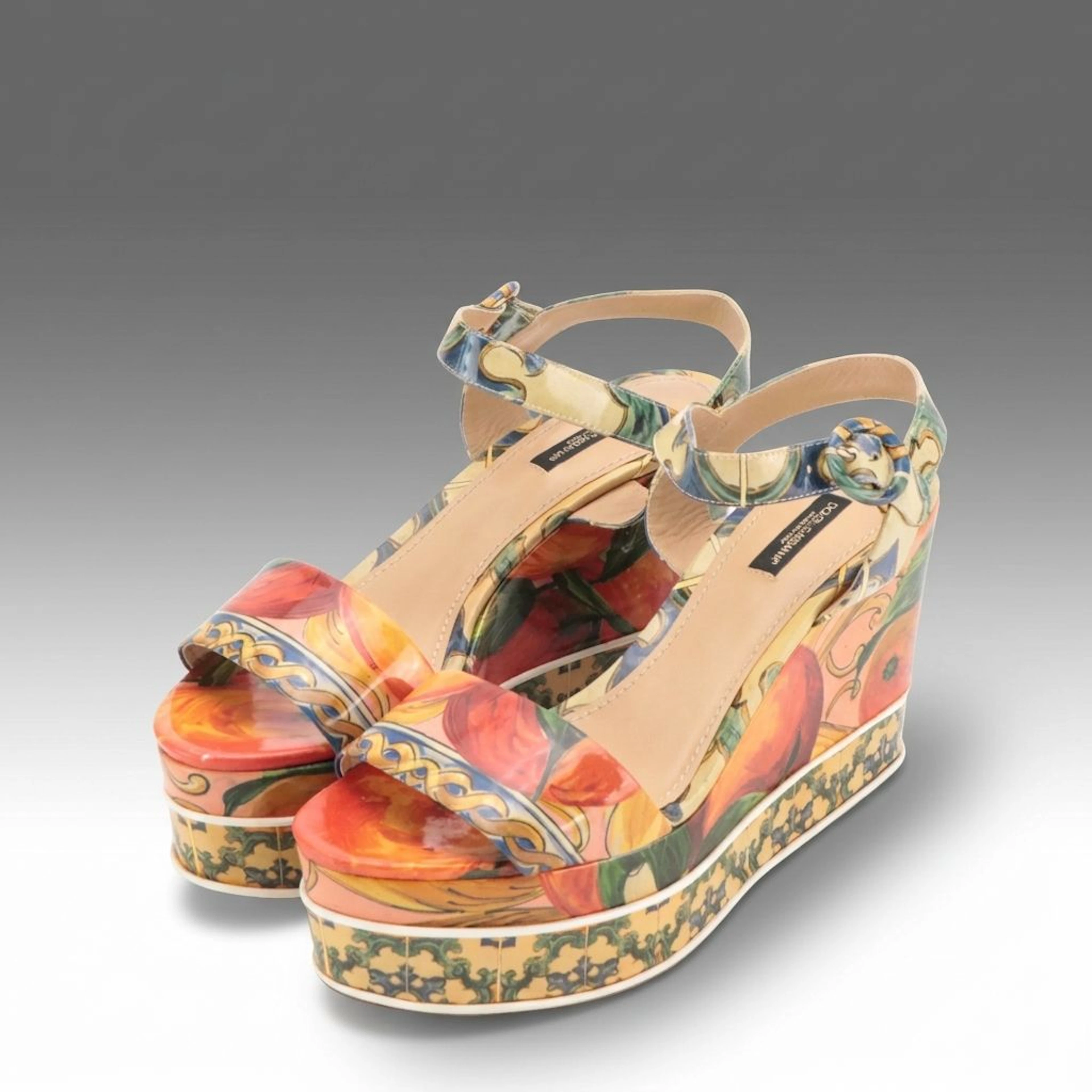 Dolce & Gabbana Majolica Platform Wedge Sandals in Patent Leather