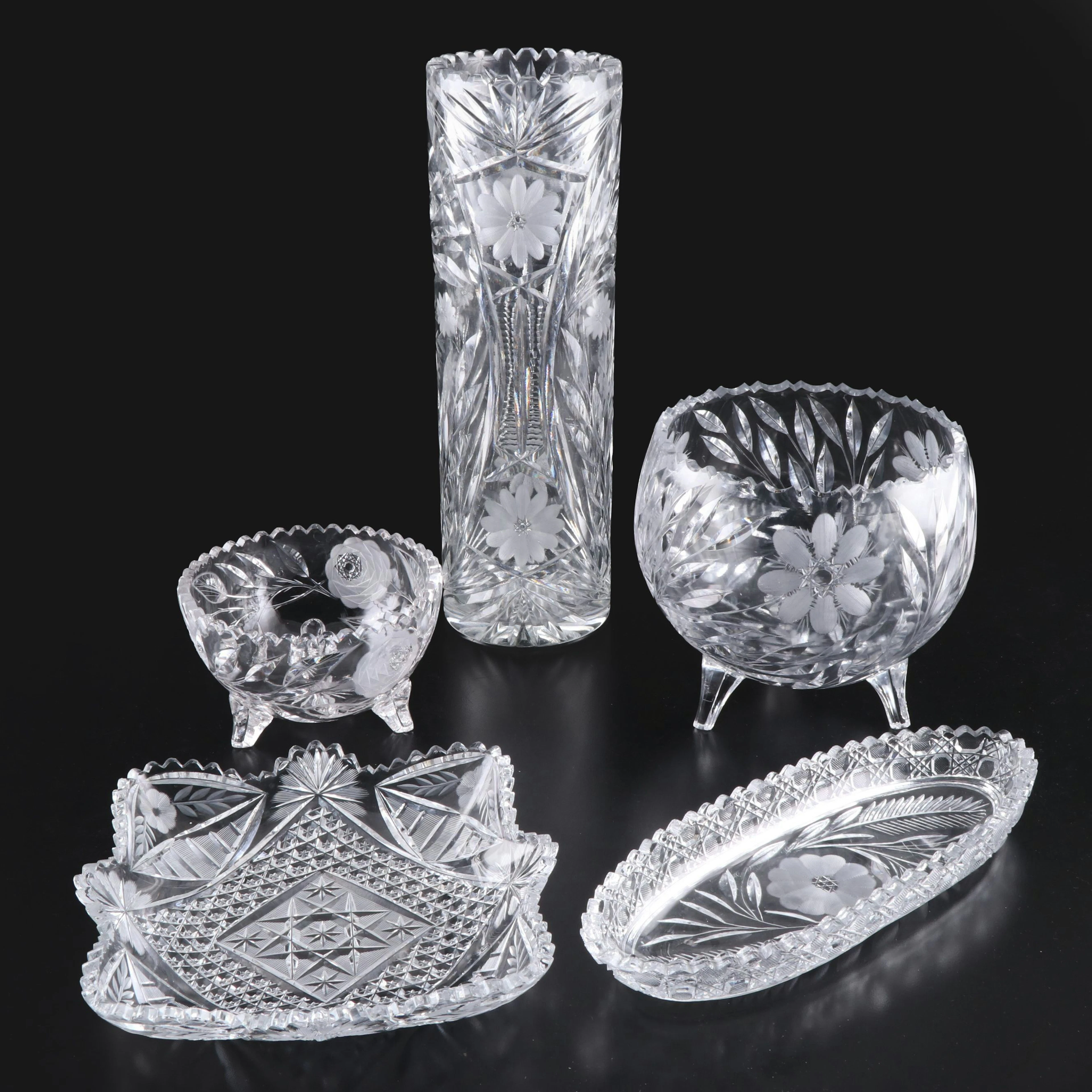 Floral Cut Glass Vase with Bowls and Dishes