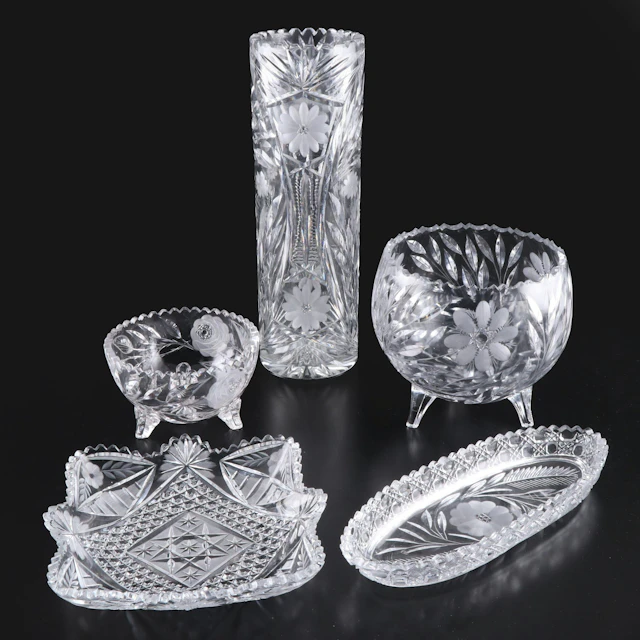 Floral Cut Glass Vase with Bowls and Dishes