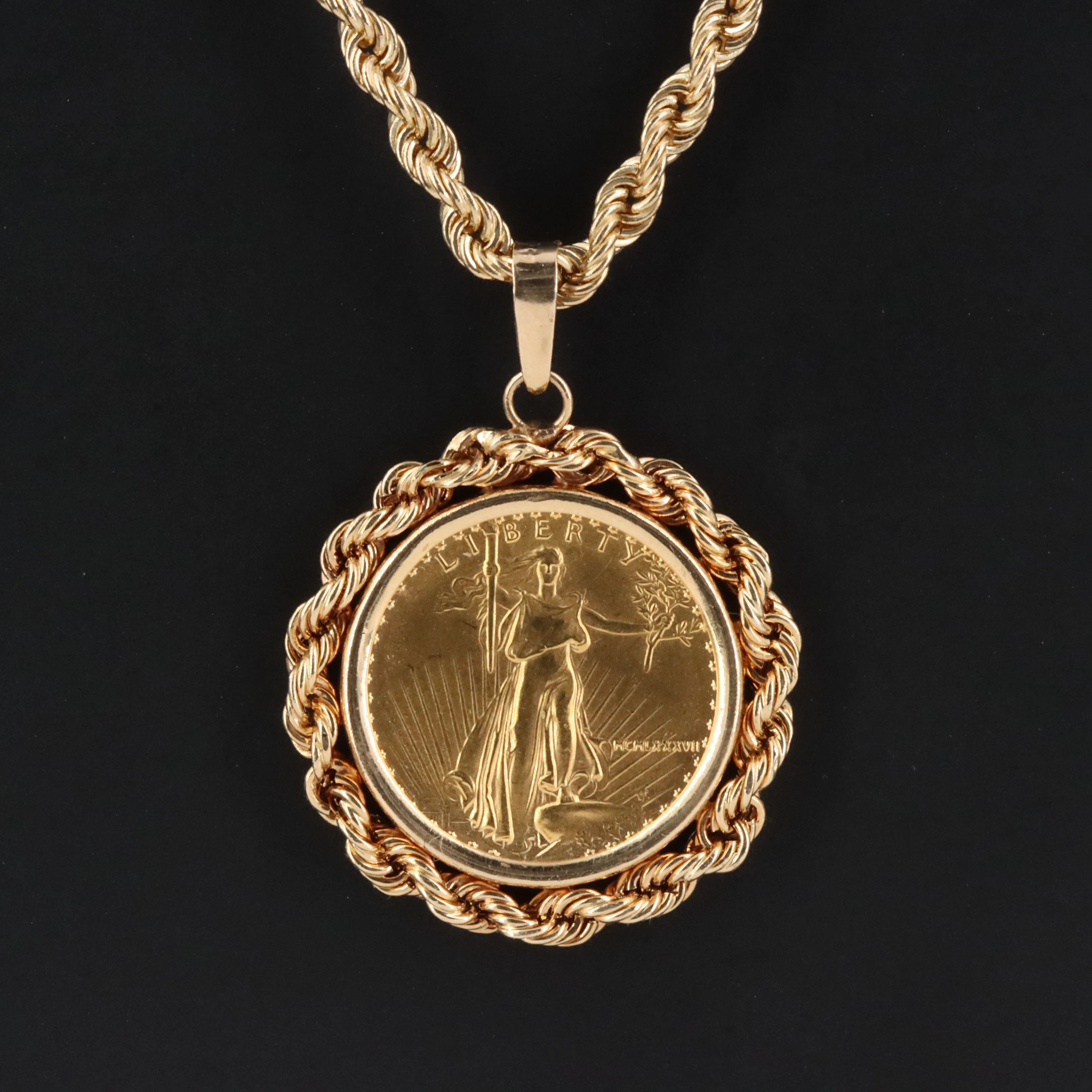 14K Pendant Necklace with 1987 $5 1/10th Oz. Gold Eagle Bullion Coin
