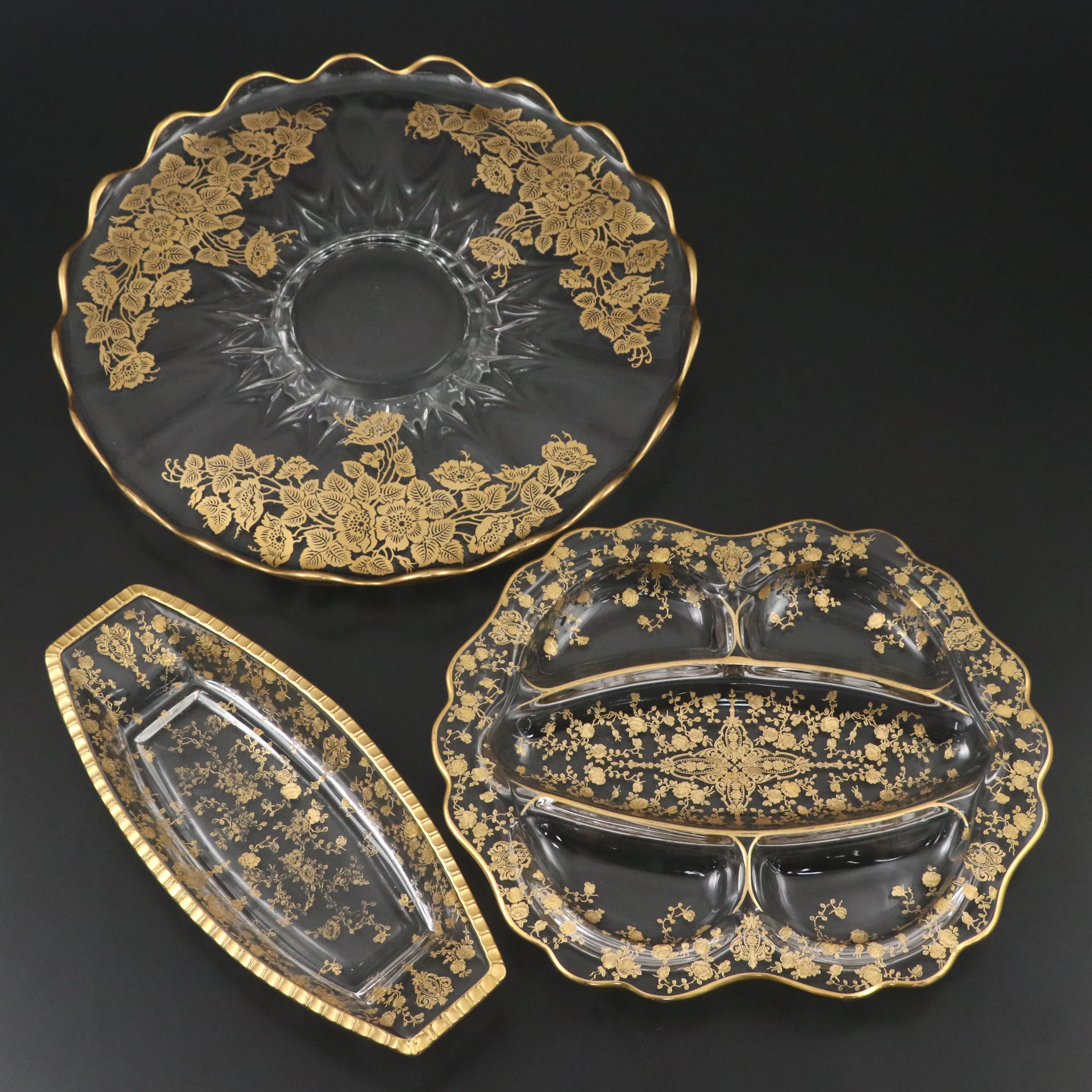 Cambridge "Rose Point" Gold Encrusted Relish and Celery with Platter