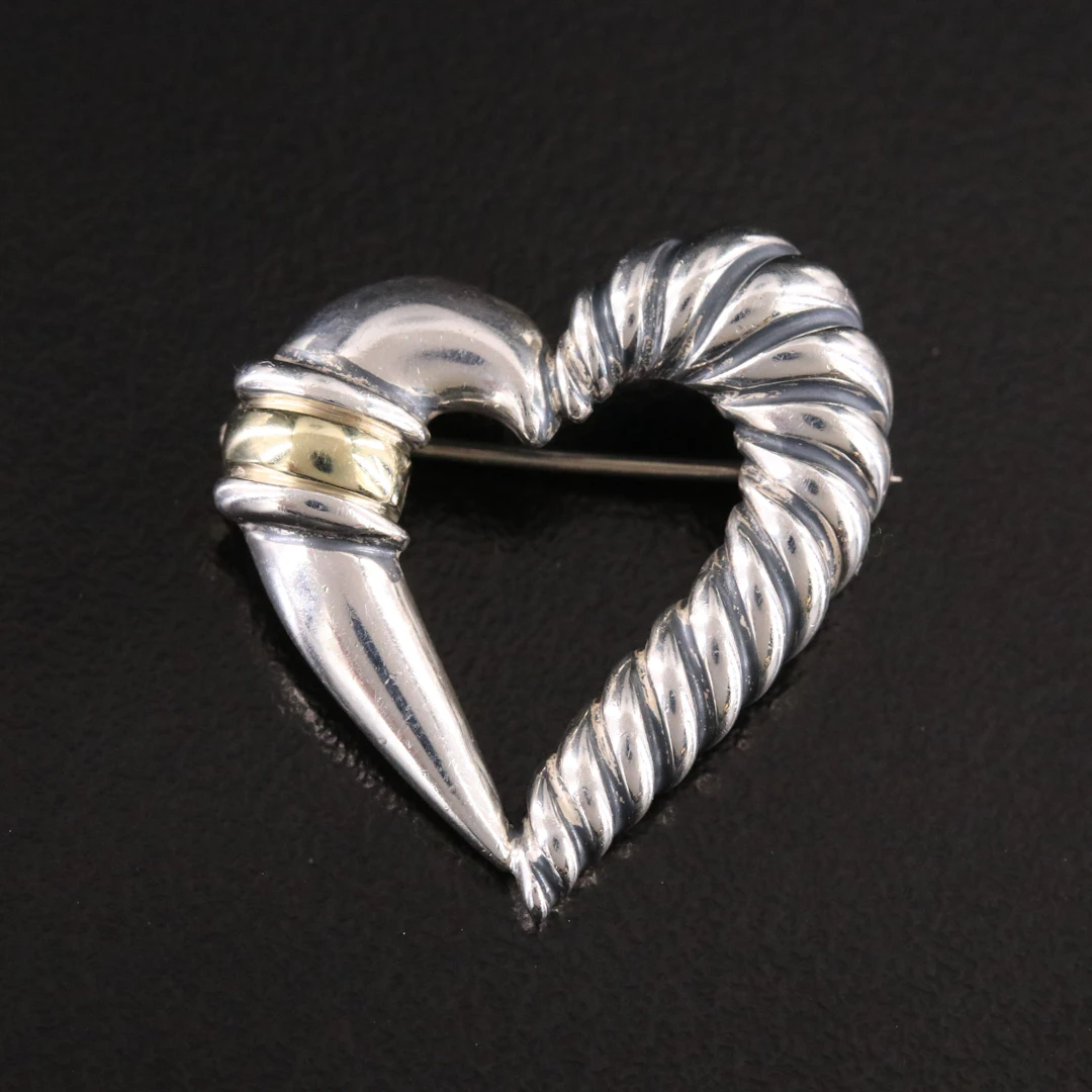 David Yurman Sterling Heart Brooch with 14K Accent