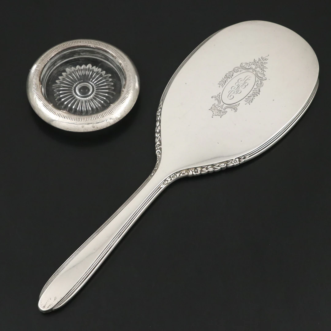 International Floral Sterling Silver Hand Mirror with Glass Ashtray