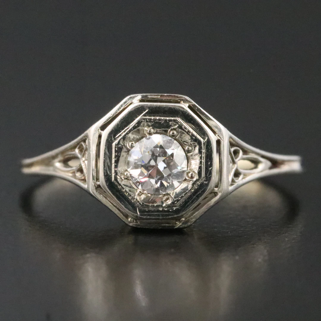 Art Deco 18K 0.22 CT Diamond Openwork Solitaire Ring