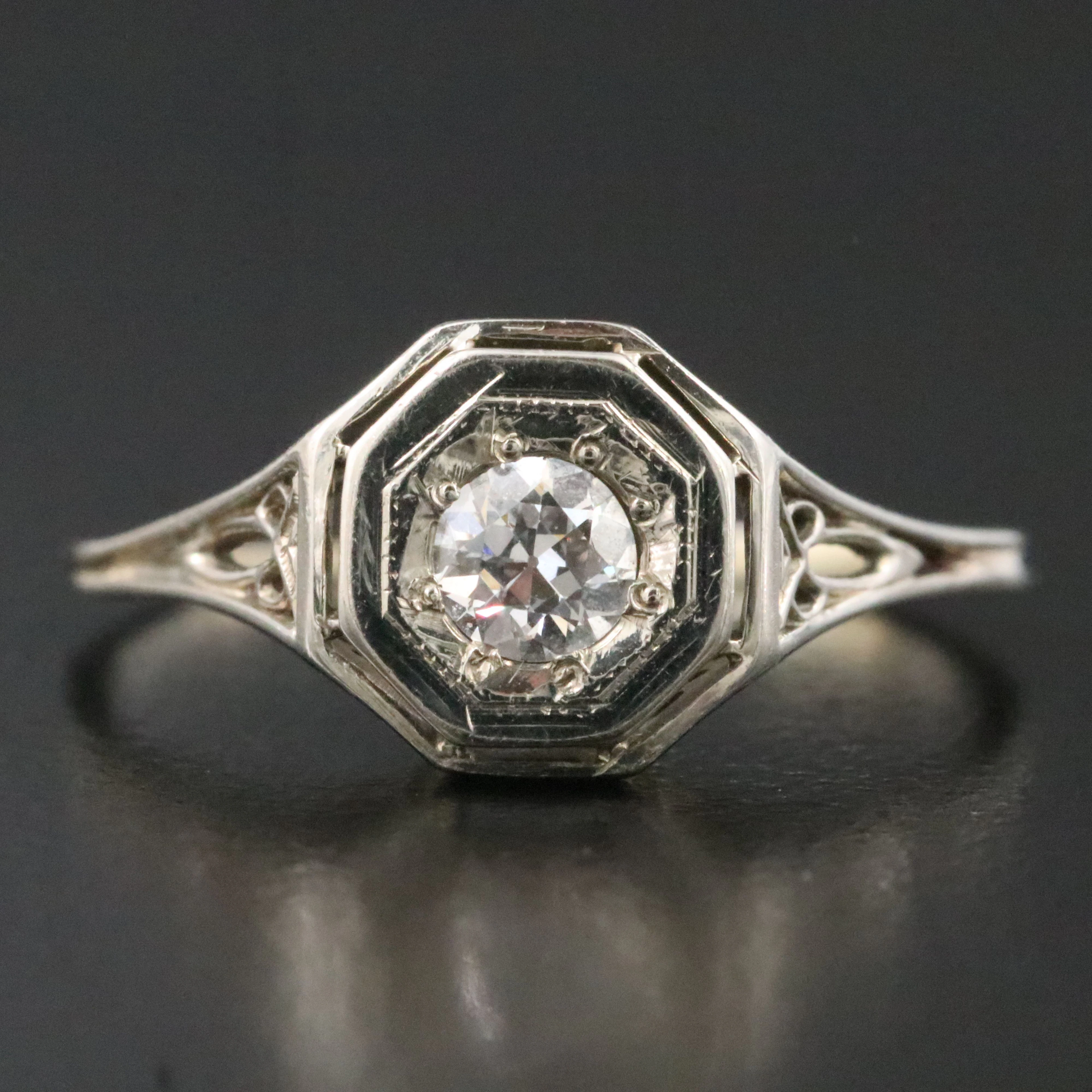 Art Deco 18K 0.22 CT Diamond Openwork Solitaire Ring