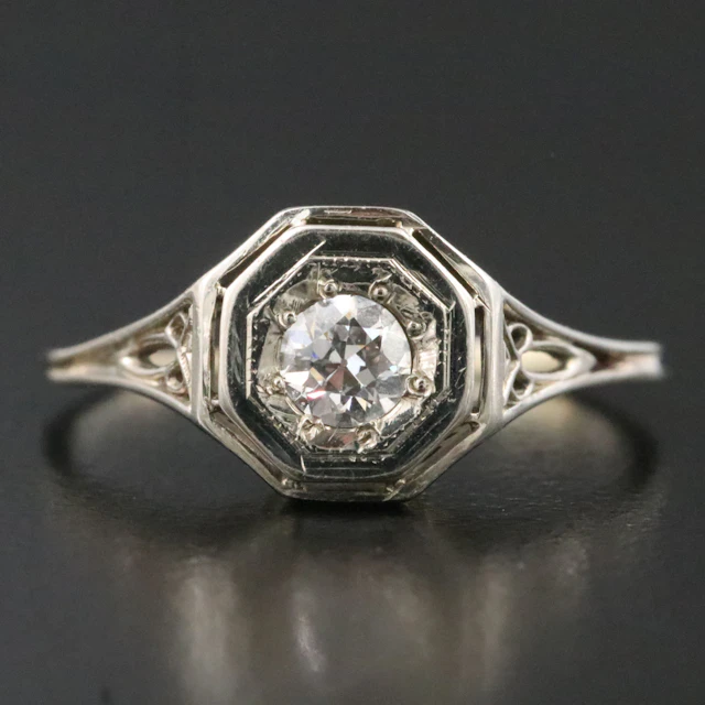 Art Deco 18K 0.22 CT Diamond Openwork Solitaire Ring