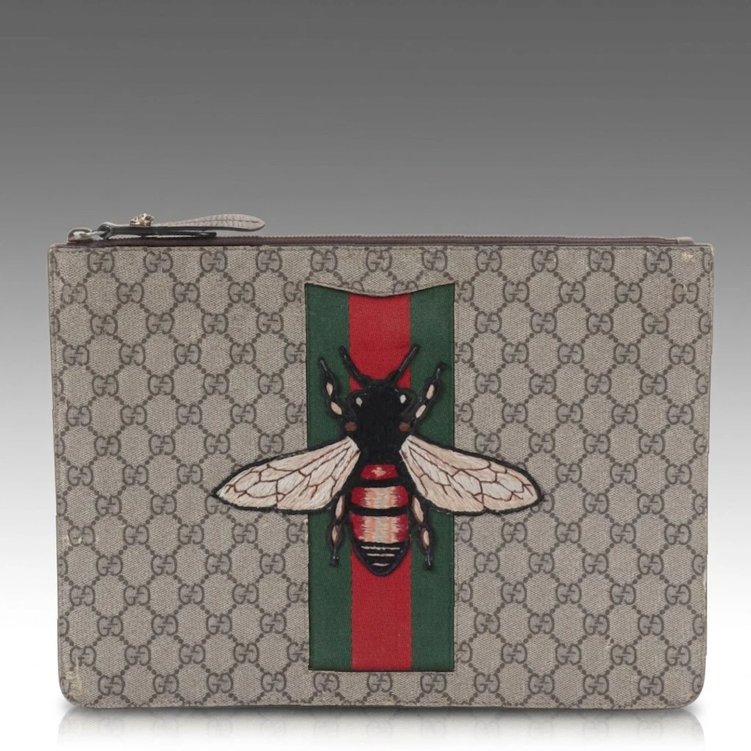 Gucci Web Bee Clutch in GG Supreme Canvas and Leather