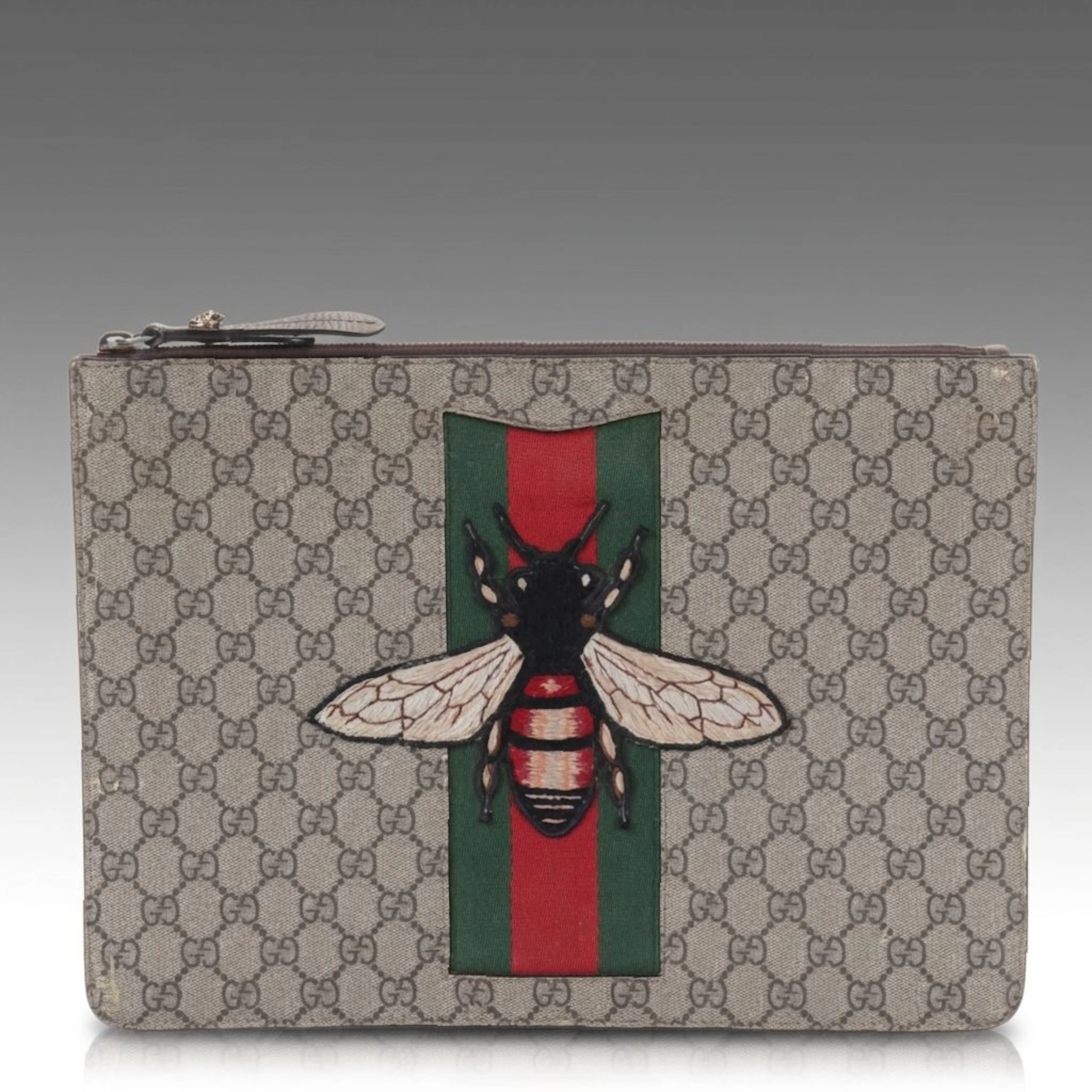 Gucci Web Bee Clutch in GG Supreme Canvas and Leather