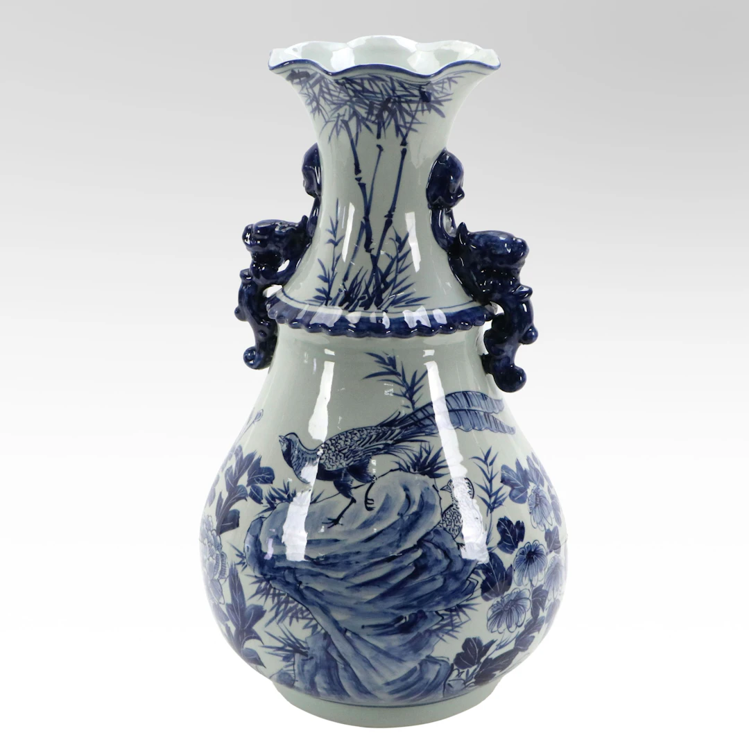 Chinese Blue and White Porcelain Floor Vase with Scalloped Rim