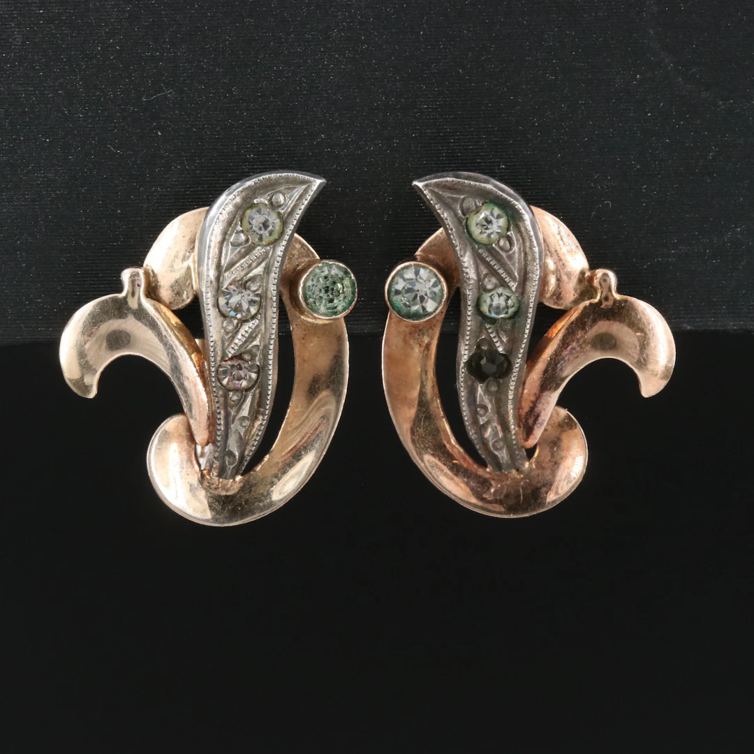 Portuguese 19K Rose Gold and Sterling Glass Scrolled Earrings