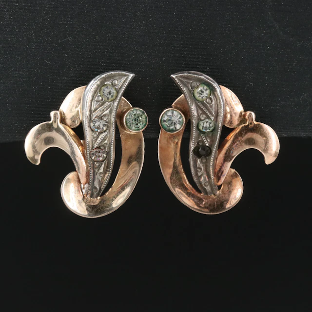 Portuguese 19K Rose Gold and Sterling Glass Scrolled Earrings