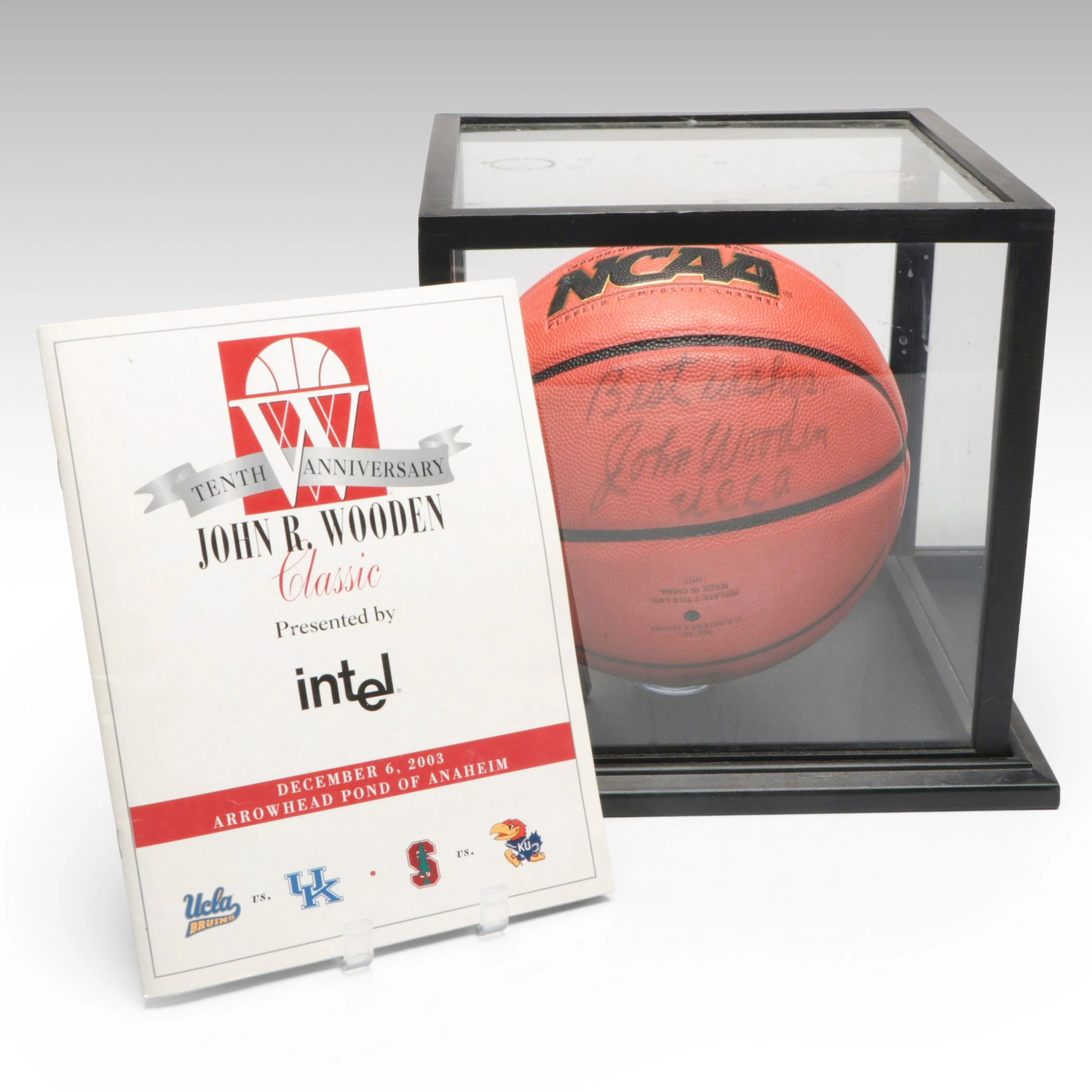 John Wooden Signed Basketball with Display and More