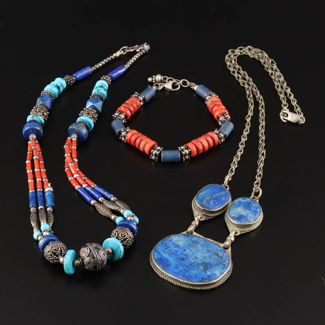 Sterling Lapis Lazuli, Coral and Turquoise Bead Bracelet & Necklaces