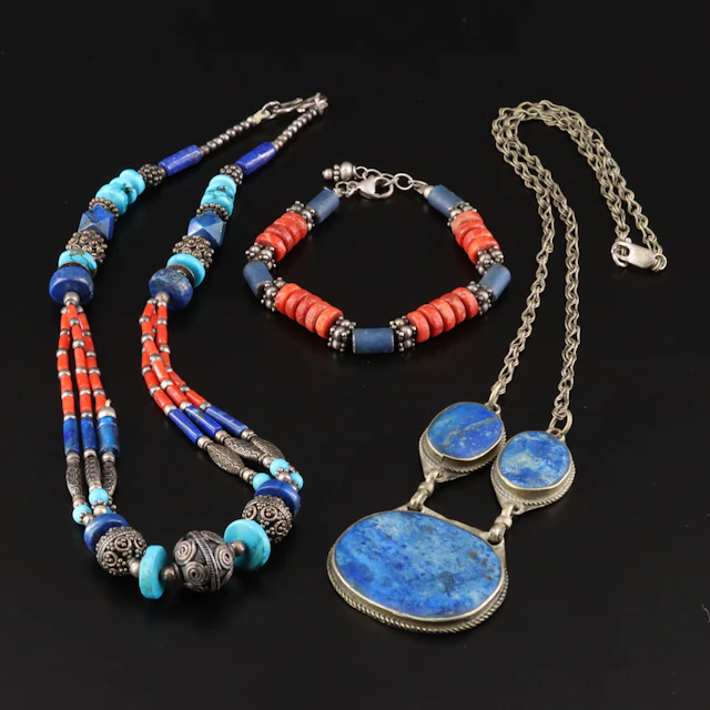 Sterling Lapis Lazuli, Coral and Turquoise Bead Bracelet & Necklaces