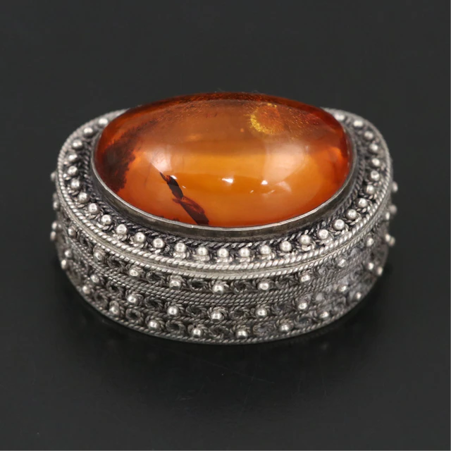 Saban Amber Inlaid Ornate Sterling Silver Box, Vintage