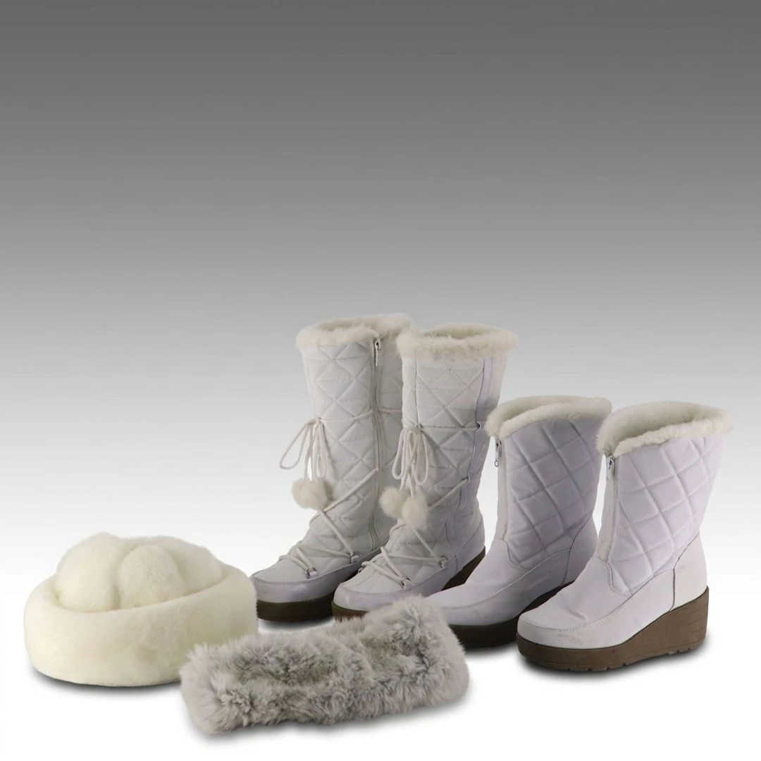 London Fog Faux Fur Wedge Snow Boots with Other Faux Fur Headband and Hat