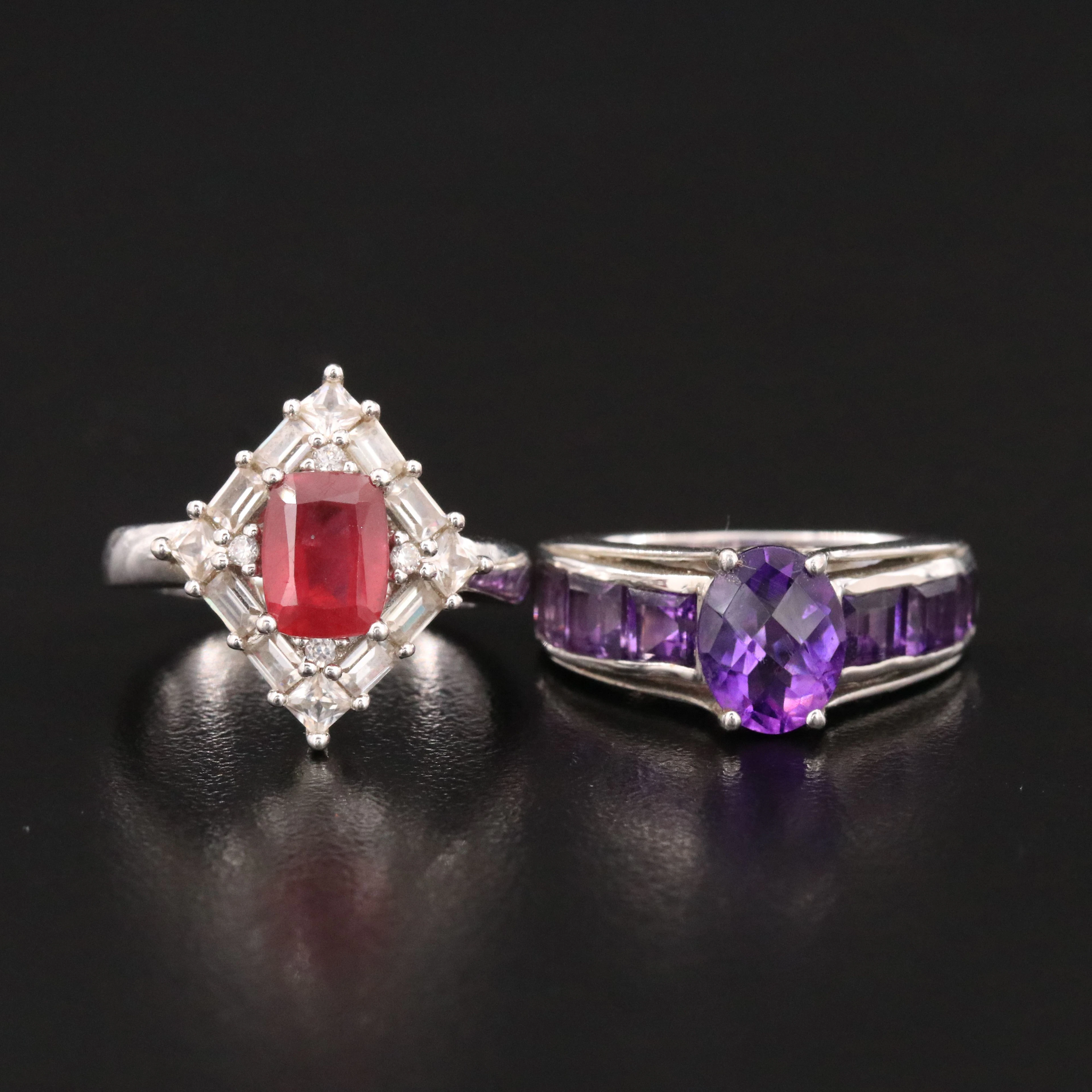 Sterling Amethyst, Filled Corundum and White Topaz Rings