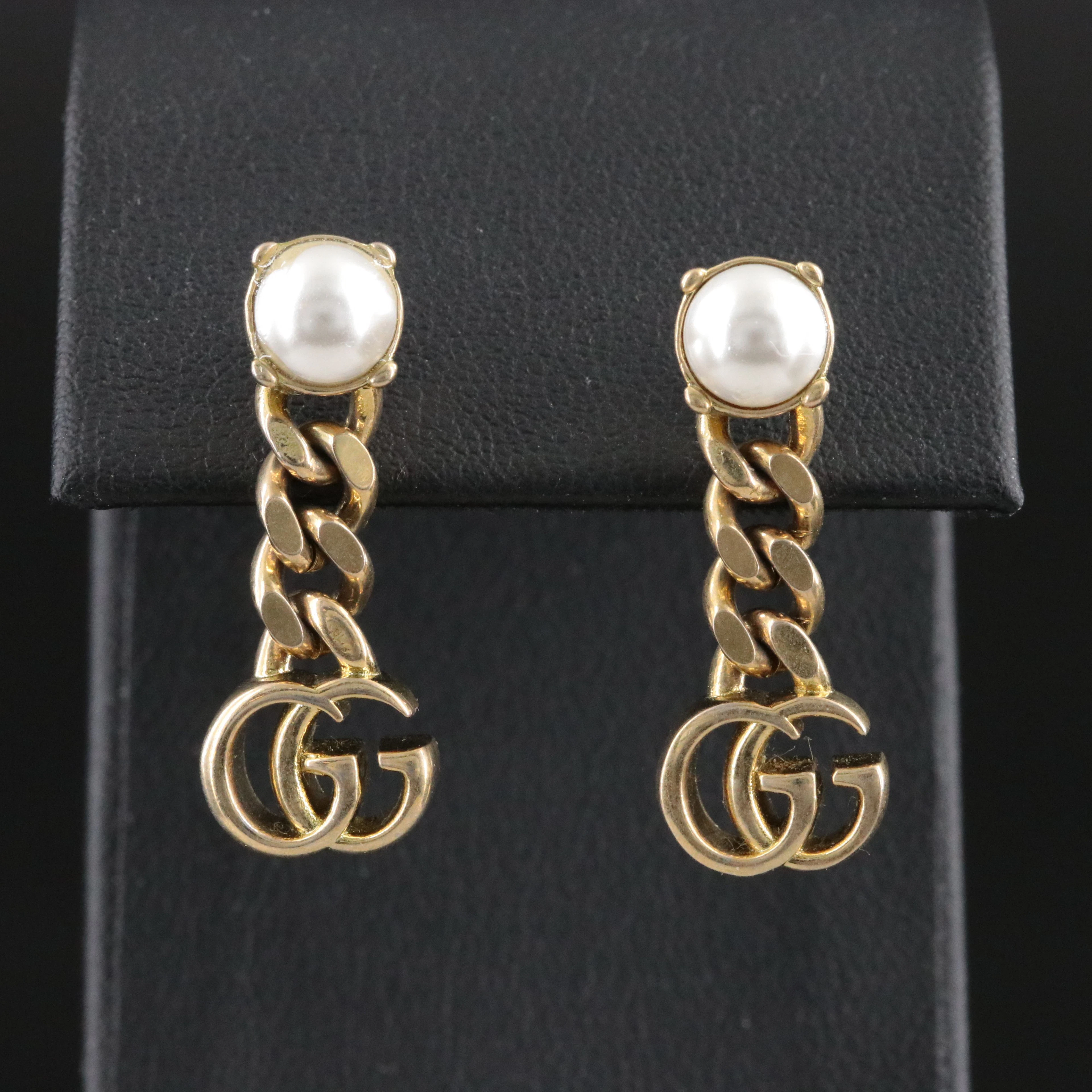 Gucci GG Chain Faux Pearl Drop Earrings