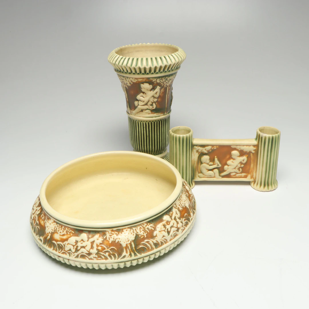 Roseville Pottery "Donatello" Vases and Round Bowl, Early 20th C.