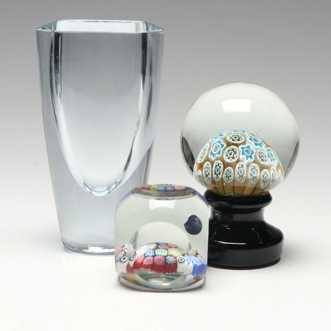 Murano Millefiori Art Glass Paperweights with Stromberg Crystal Vase