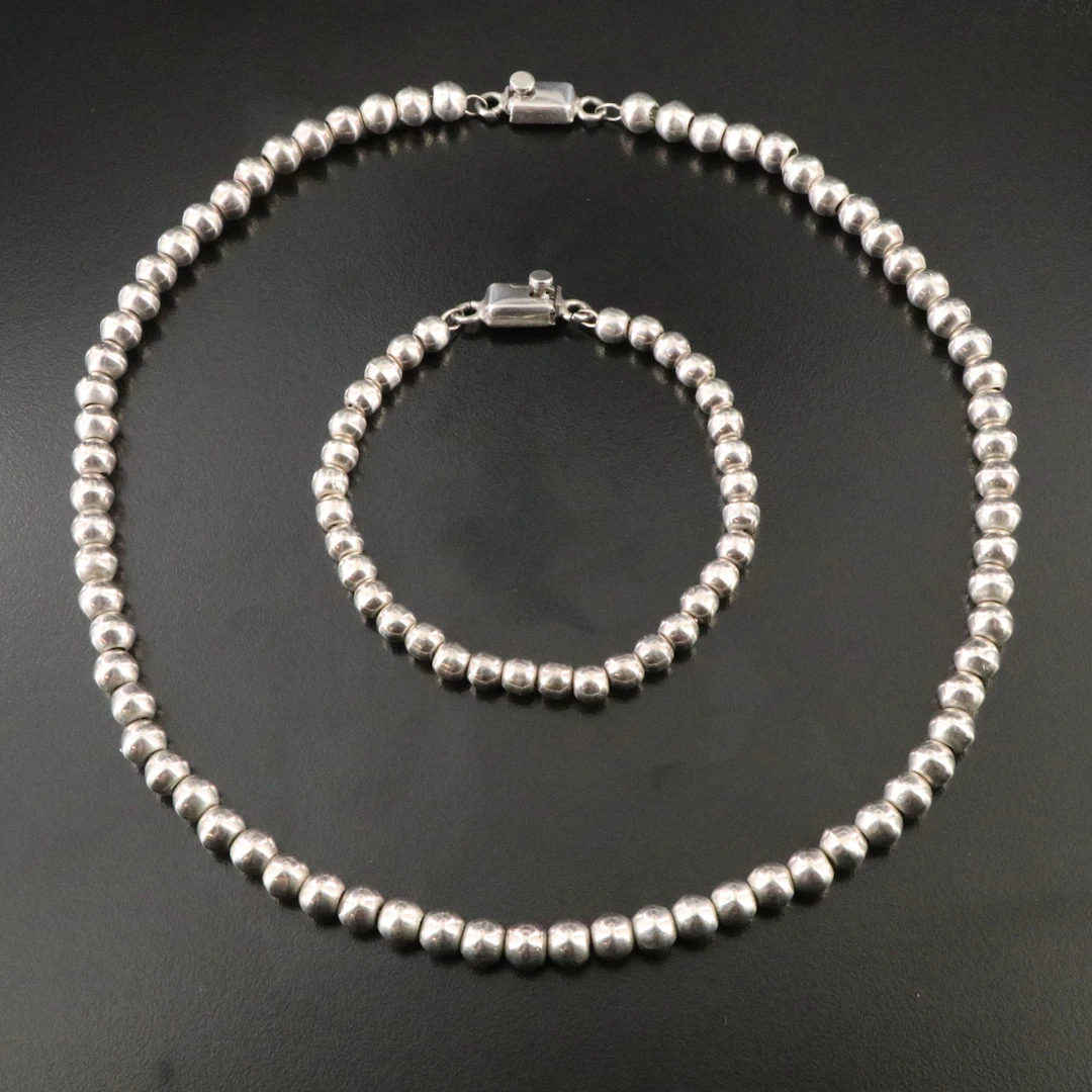 Mexican Sterling Bead Necklace and Bracelet Set