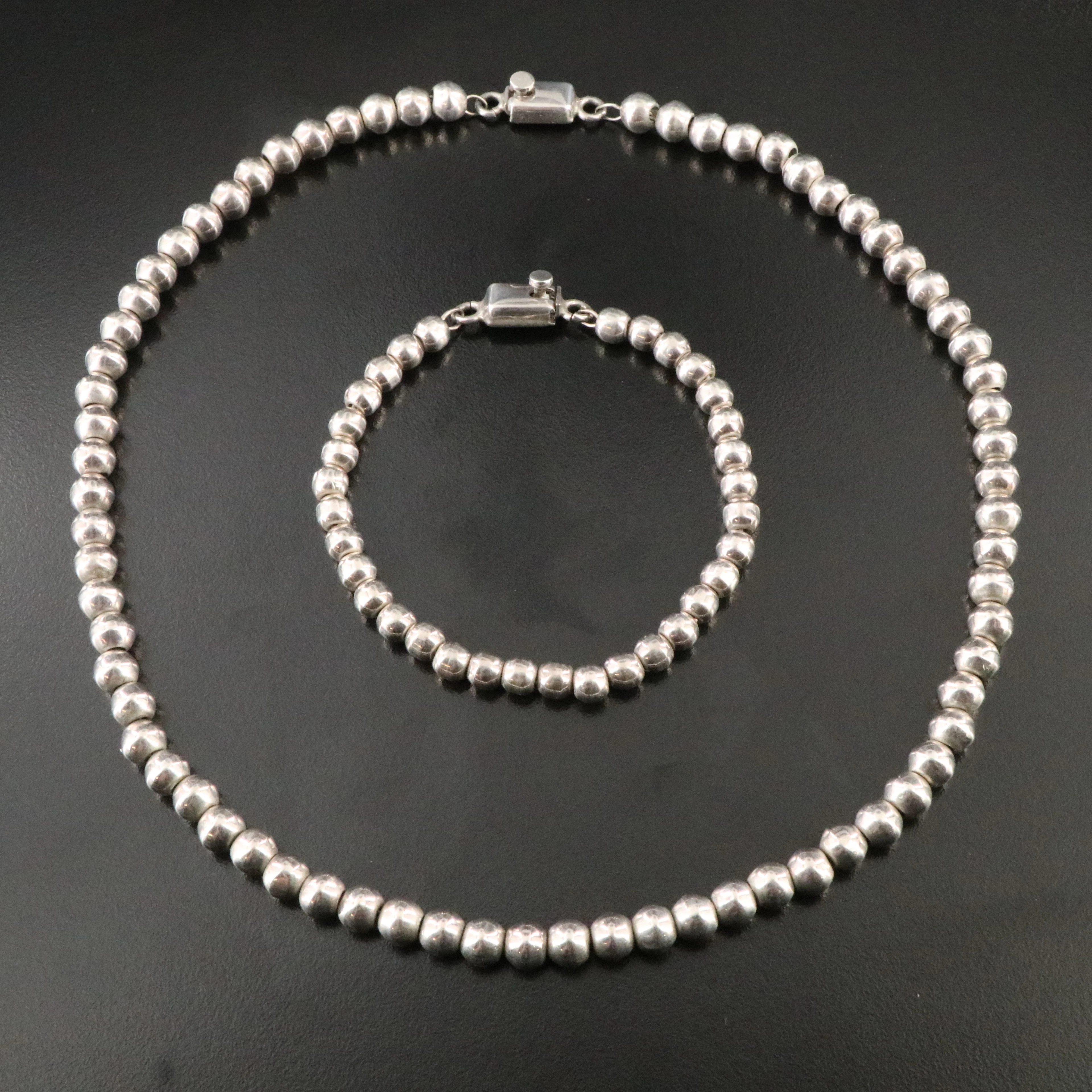 Mexican Sterling Bead Necklace and Bracelet Set