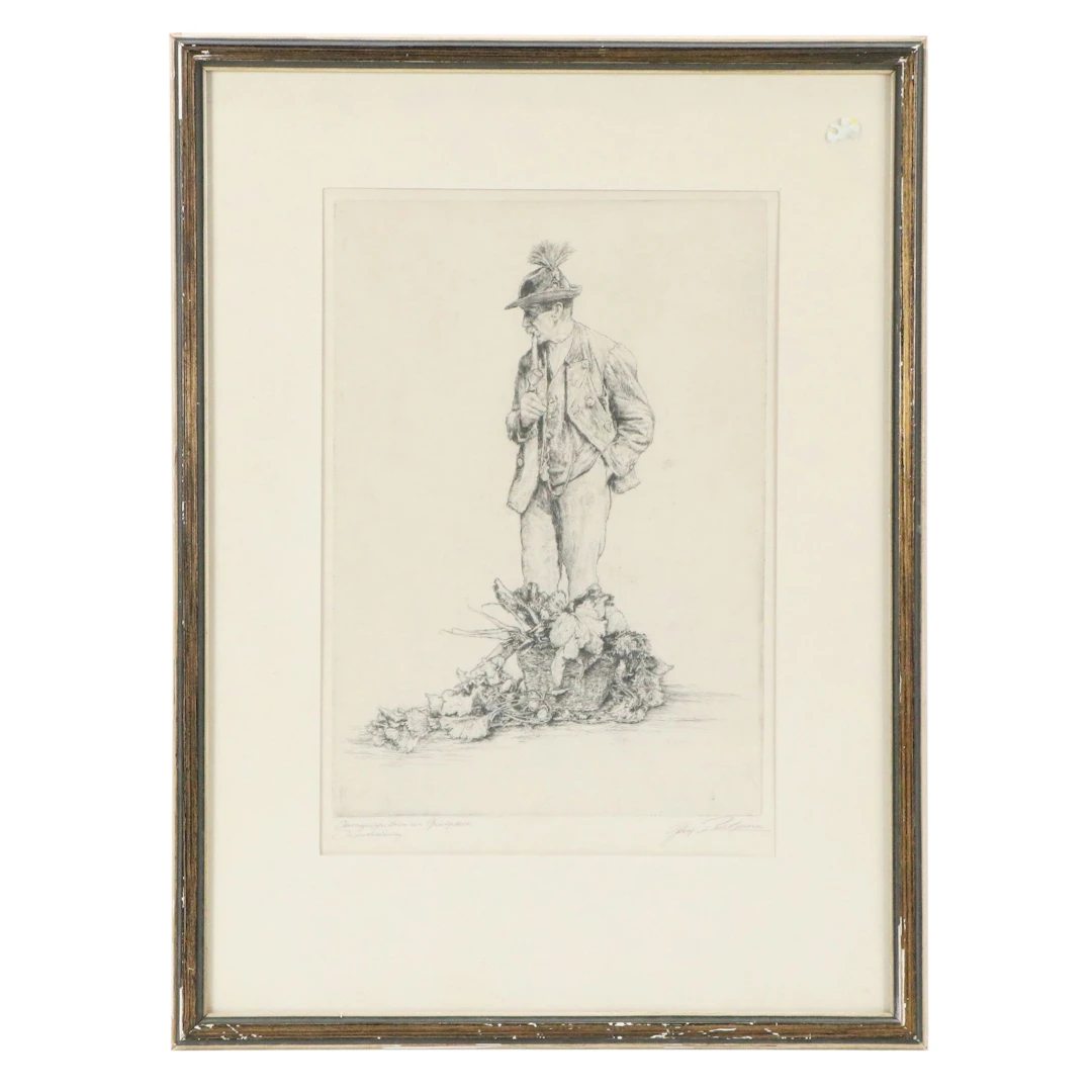 Paul Geissler Etching "Oberbayerischer Bauer mit Gemüsekorb," Circa 1952
