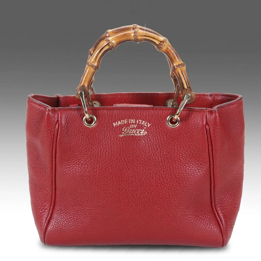 Gucci Mini Bamboo Handle Two-Way Tote Bag in Red Grained Calfskin