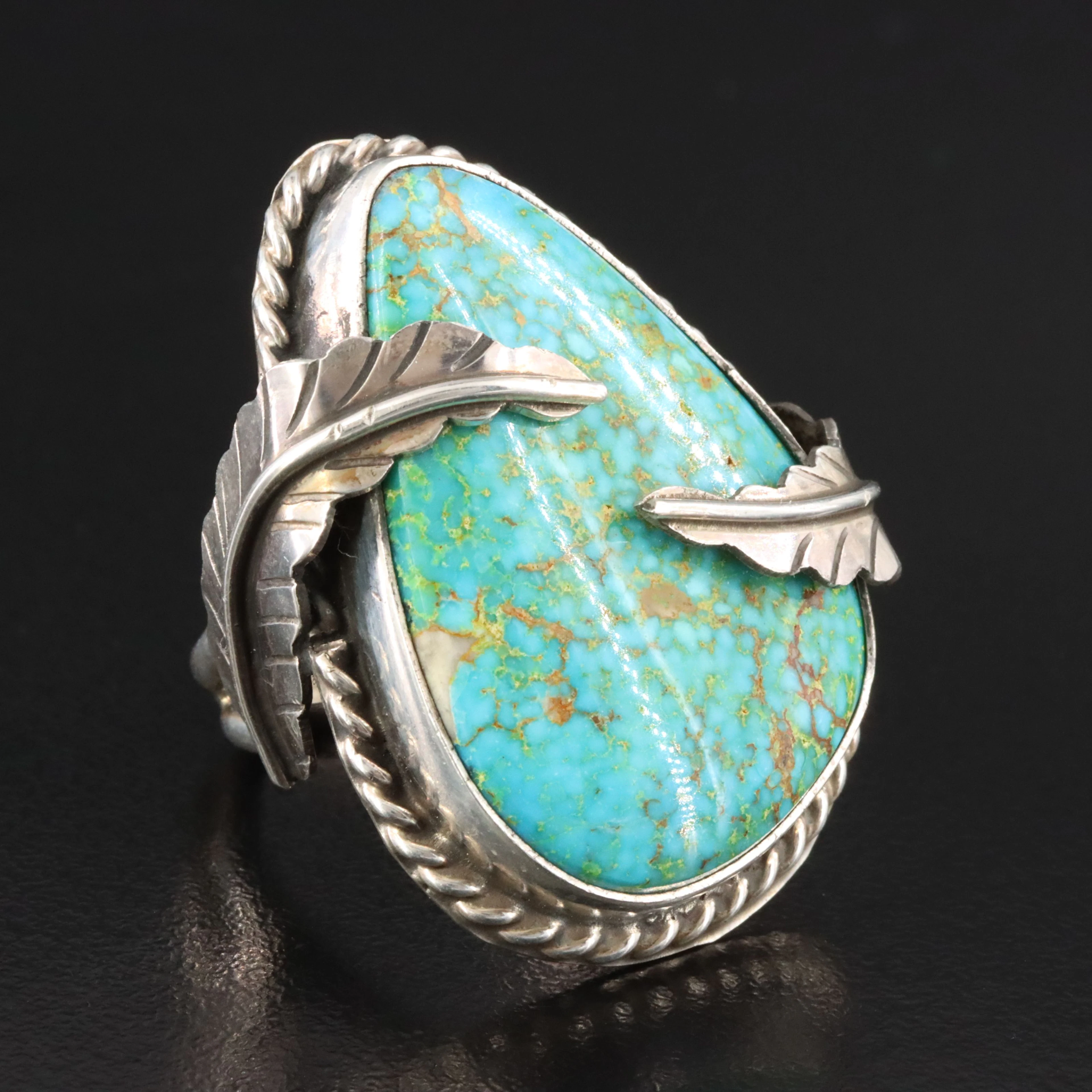 Betty Lee Navajo Diné Sterling Turquoise Ring with Feather Accents