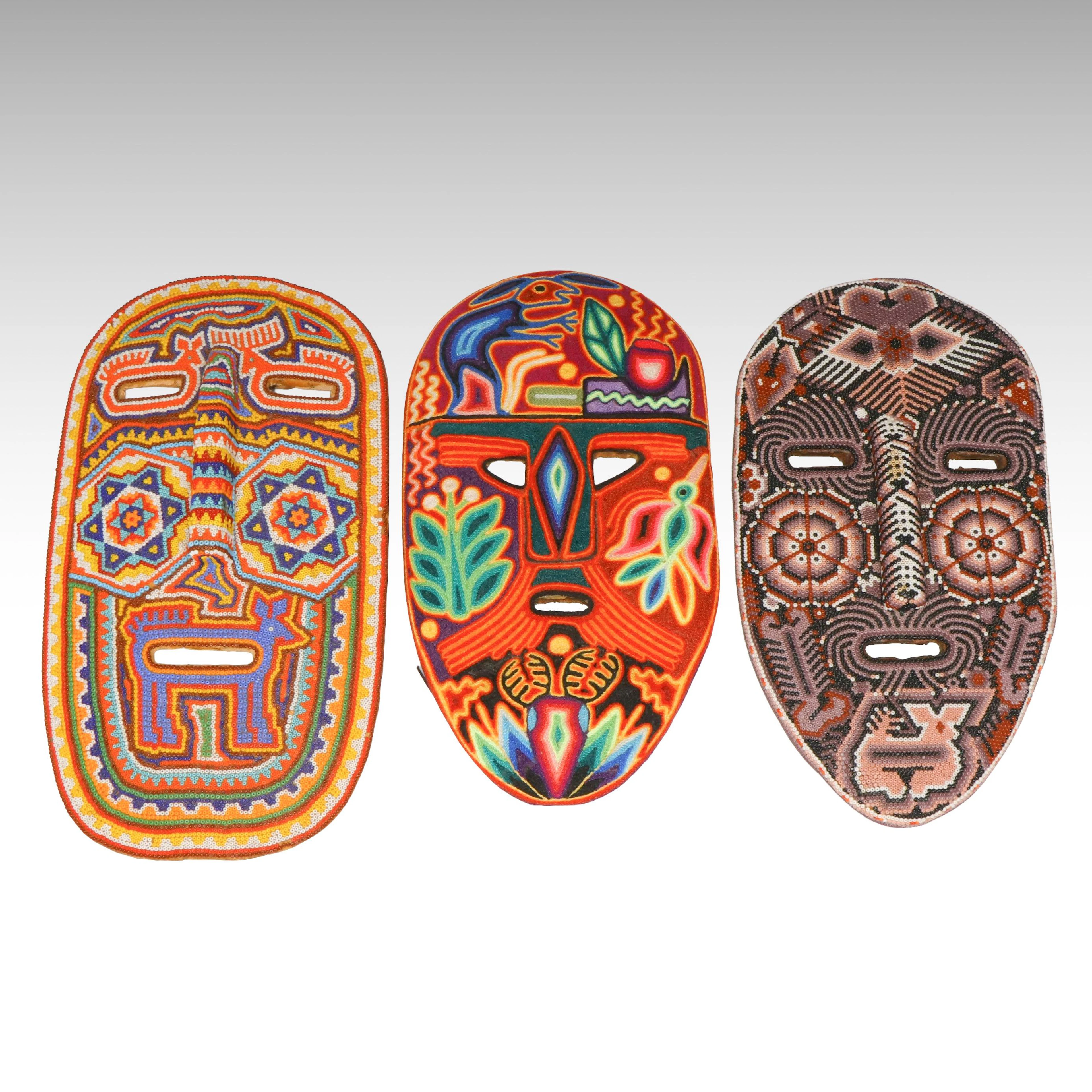 Mexican Huichol Folk Art Bead and Yarn Wood Masks
