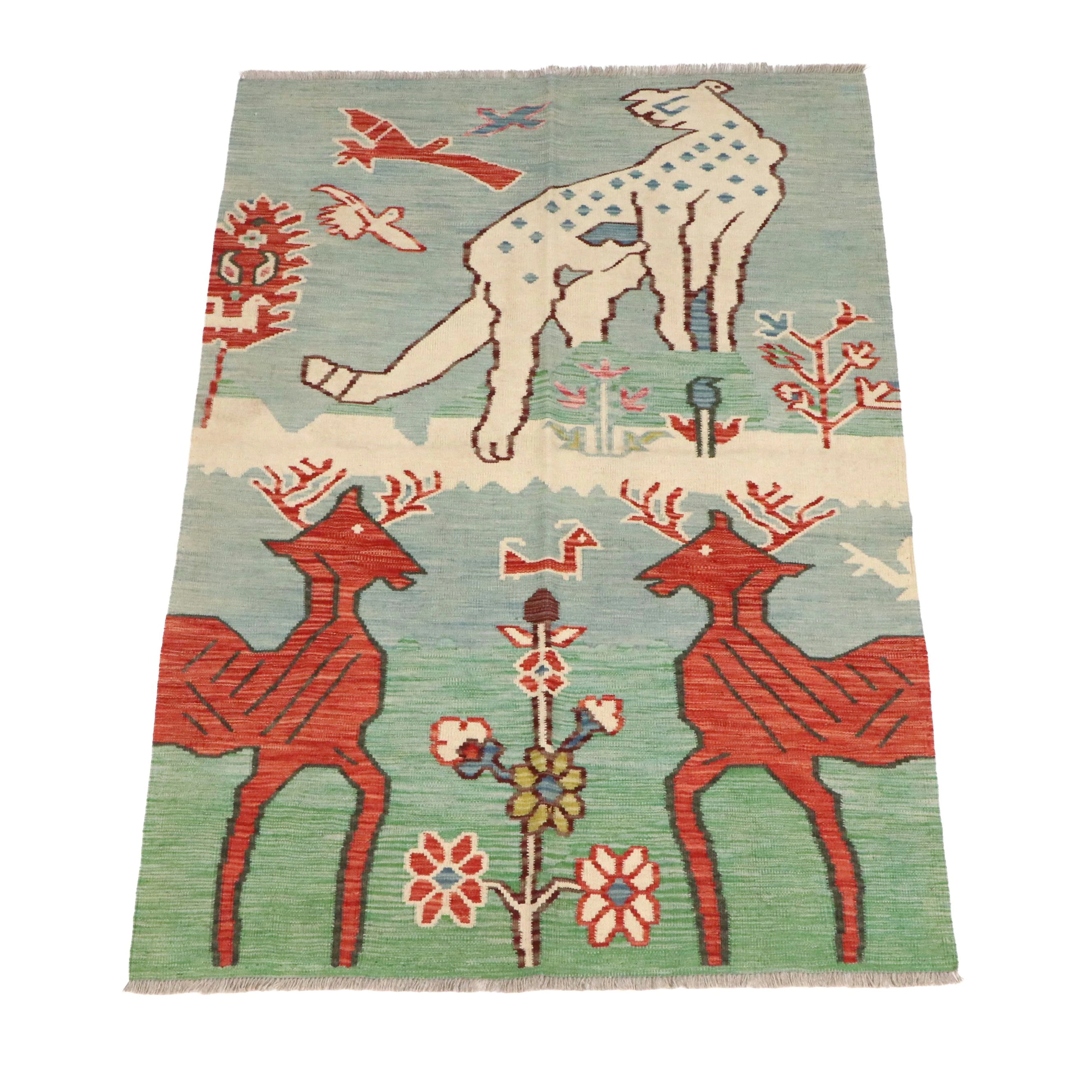 4'2 x 6'4 Handwoven Tibetan Pictorial Kilim Area Rug